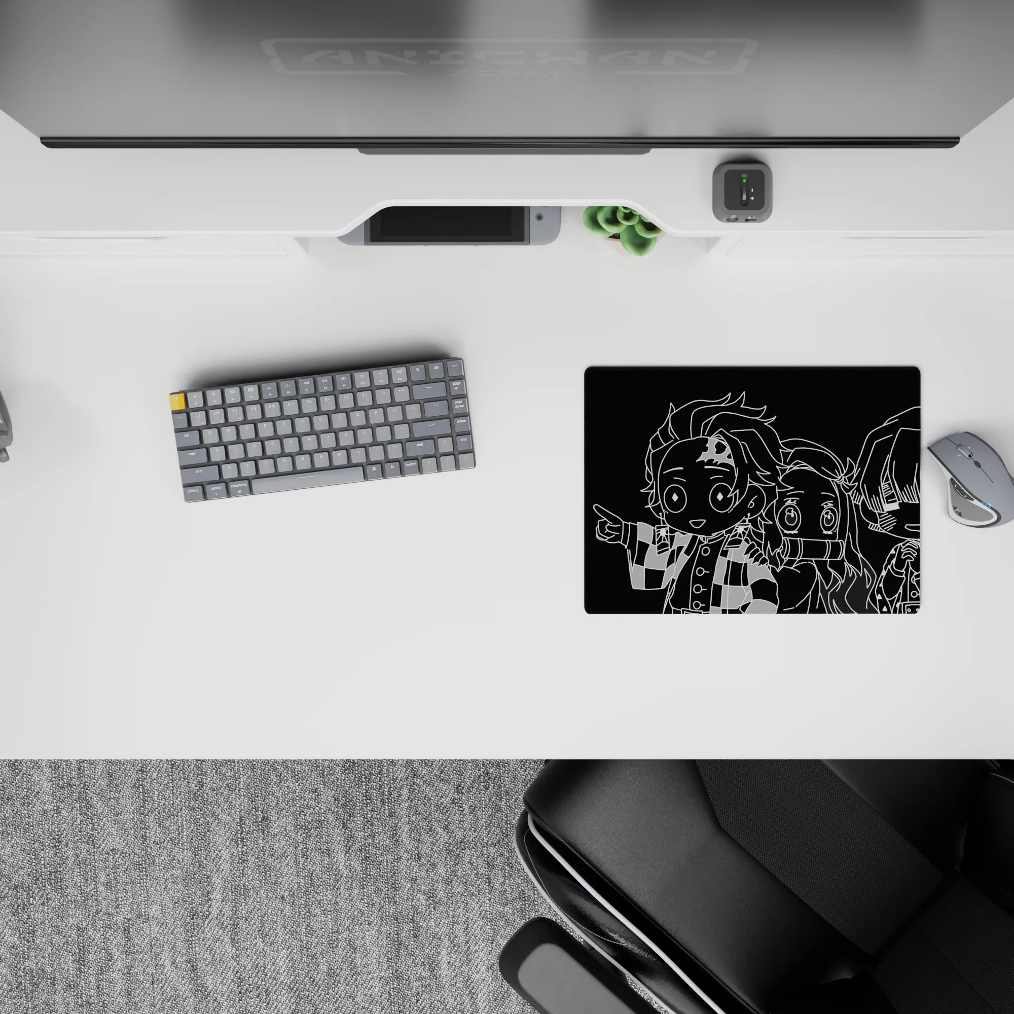 Classic 14x10 inch mouse pad with chibi characters from Demon Slayer in monochrome, featuring bold black-and-white design.