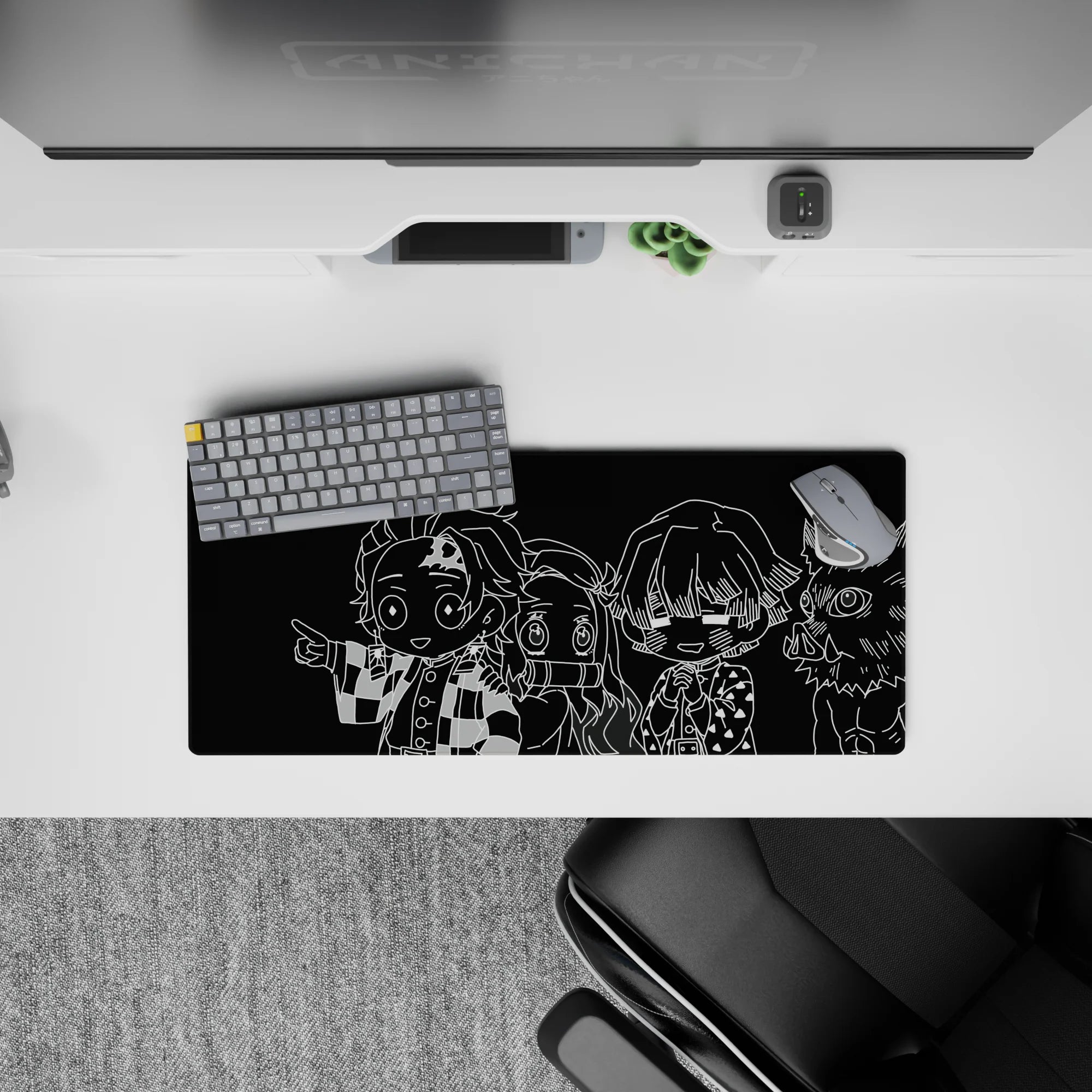 Anime mouse pad 28x12 inches featuring monochrome chibi characters from Demon Slayer, adding edgy style to any desk.