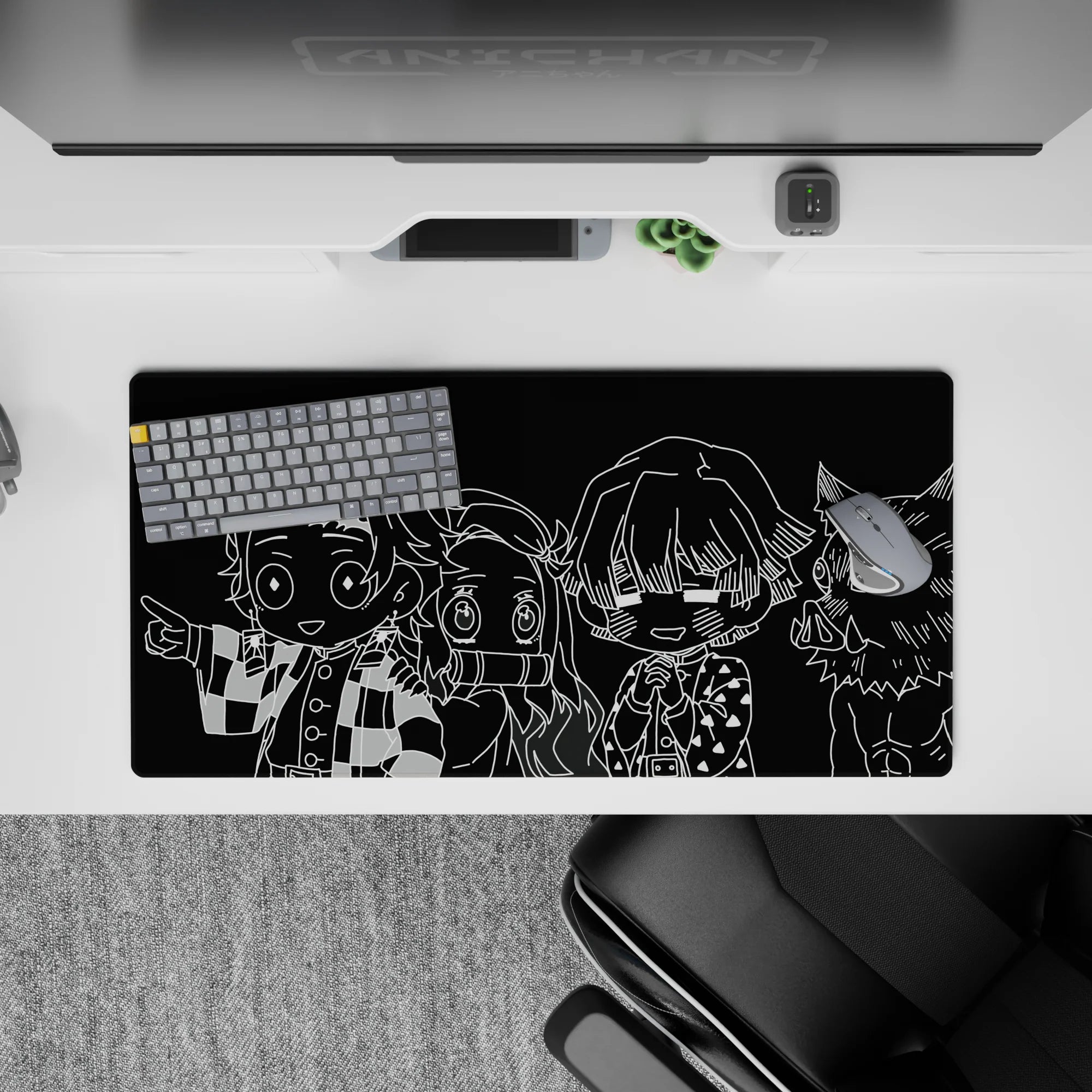 Anime mouse pad 32x16 inches featuring monochrome chibi characters from Demon Slayer, adding energy and style to your desk.