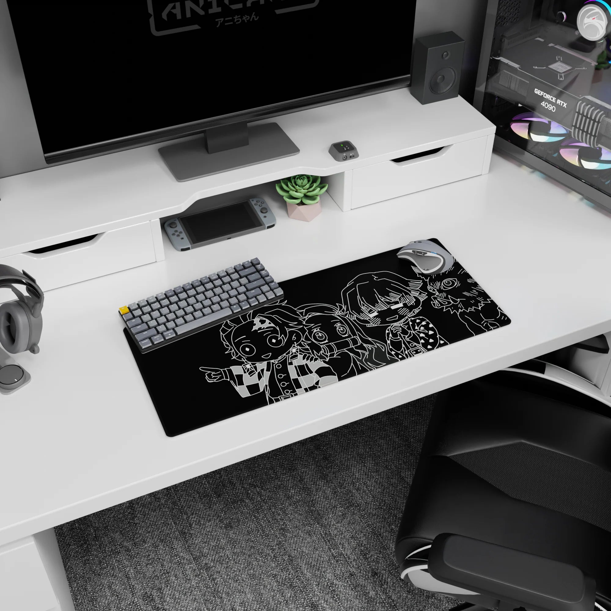 Demon Slayer chibi characters on 28x12 inch anime mouse pad, monochrome design with bold black-and-white contrasts.