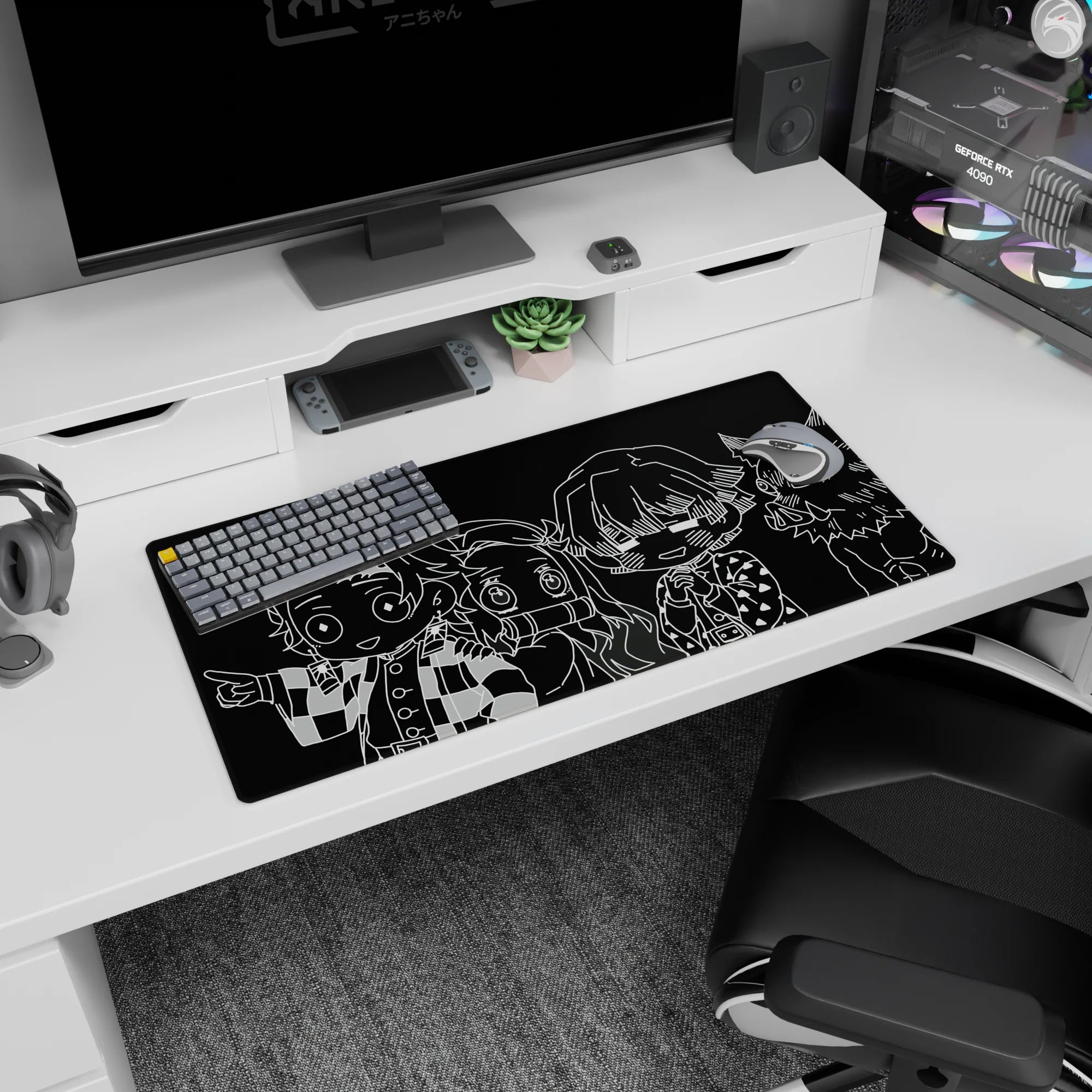 Anime mouse pad 32x16 inches featuring chibi characters from Demon Slayer in monochrome, perfect for adding style to your desk.