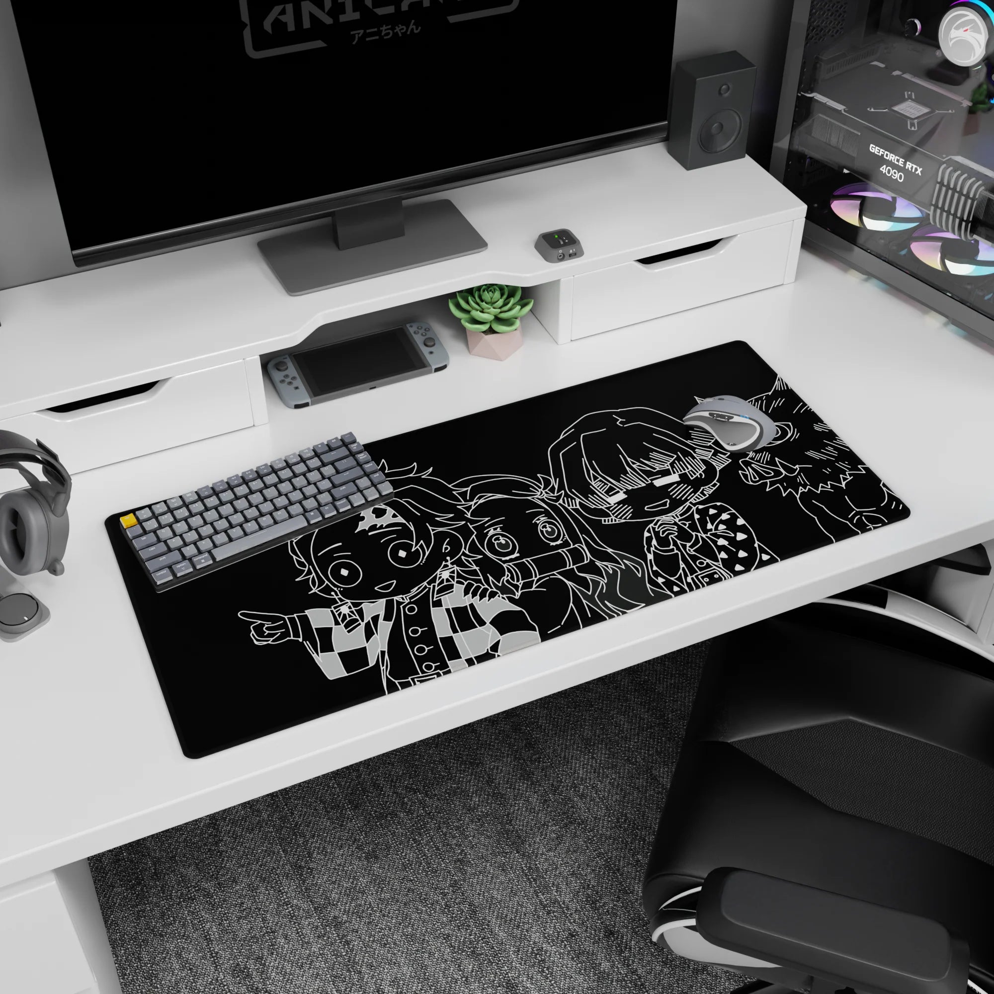 Anime mouse pad 36x16 inches featuring chibi characters from Demon Slayer in monochrome, adding flair and energy to your desk.