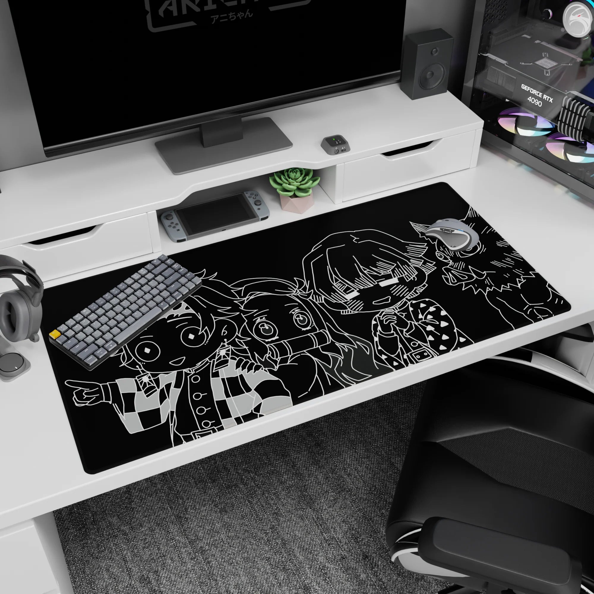 Anime desk pad 40x20 inches featuring chibi characters from Demon Slayer in monochrome; bold, minimalist design.