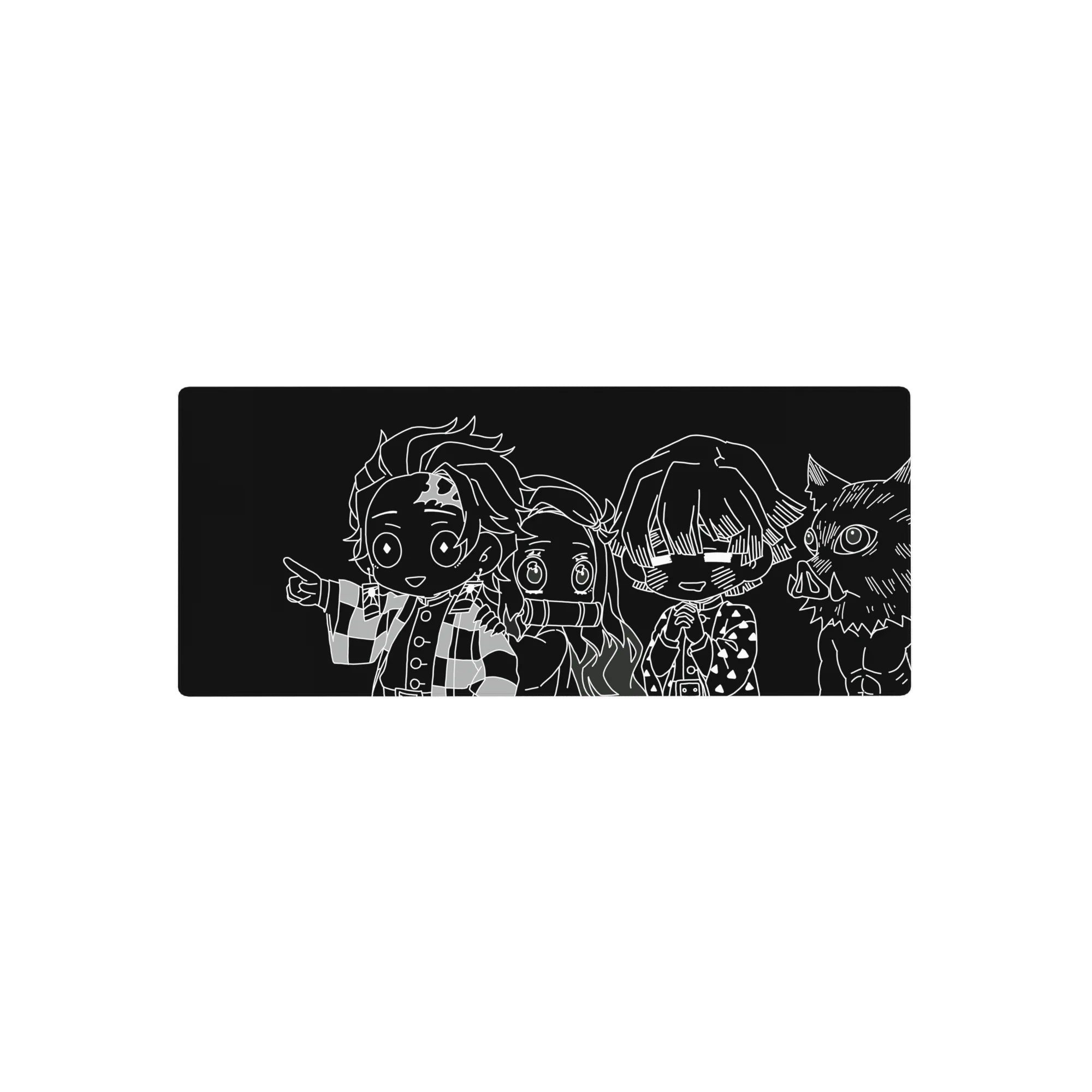 Mouse pad featuring monochrome chibi characters from Demon Slayer, 28x12 inches, perfect for adding anime flair to your desk.