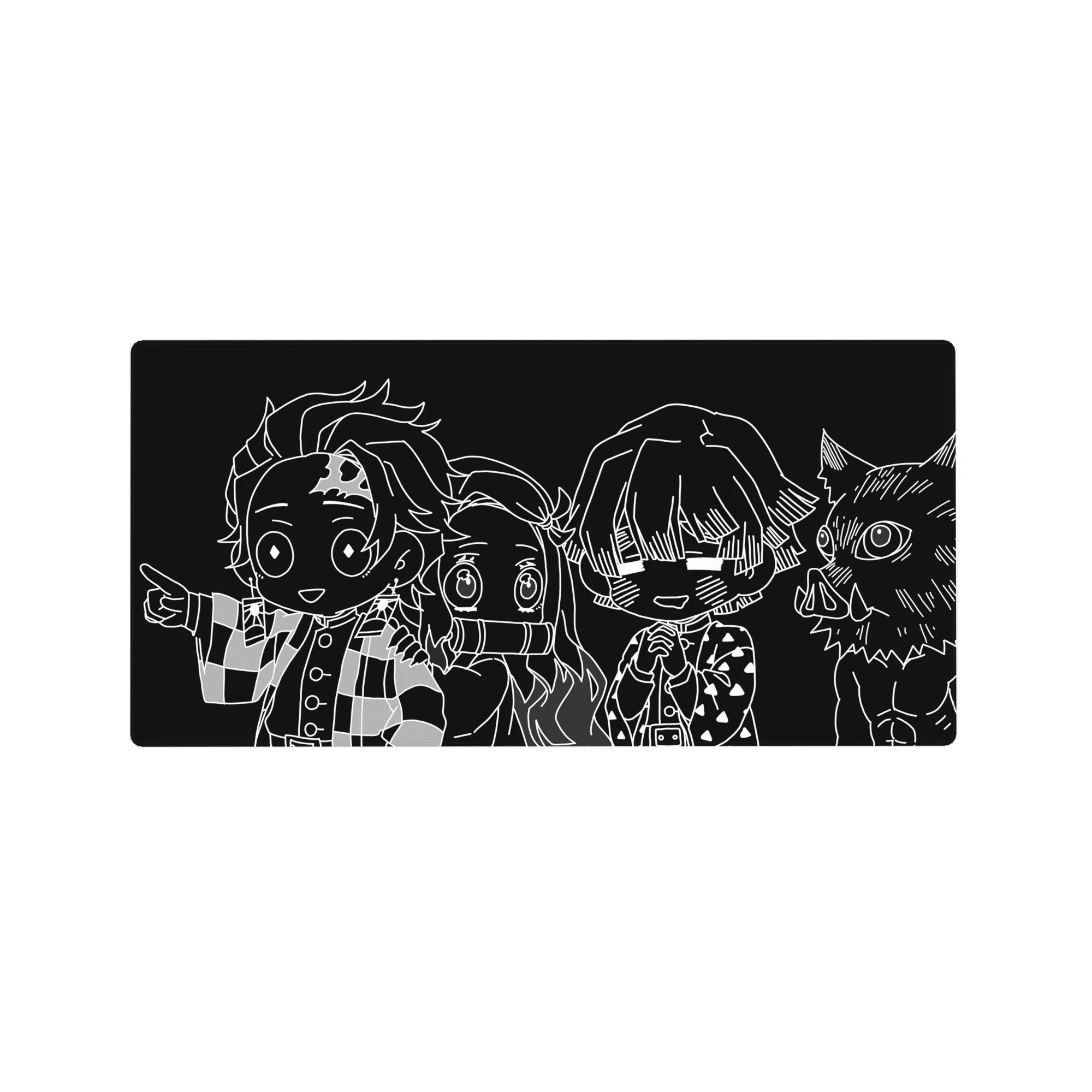 Demon Slayer anime mouse pad, 32x16 inches, featuring monochrome chibi characters with bold black-and-white contrasts.