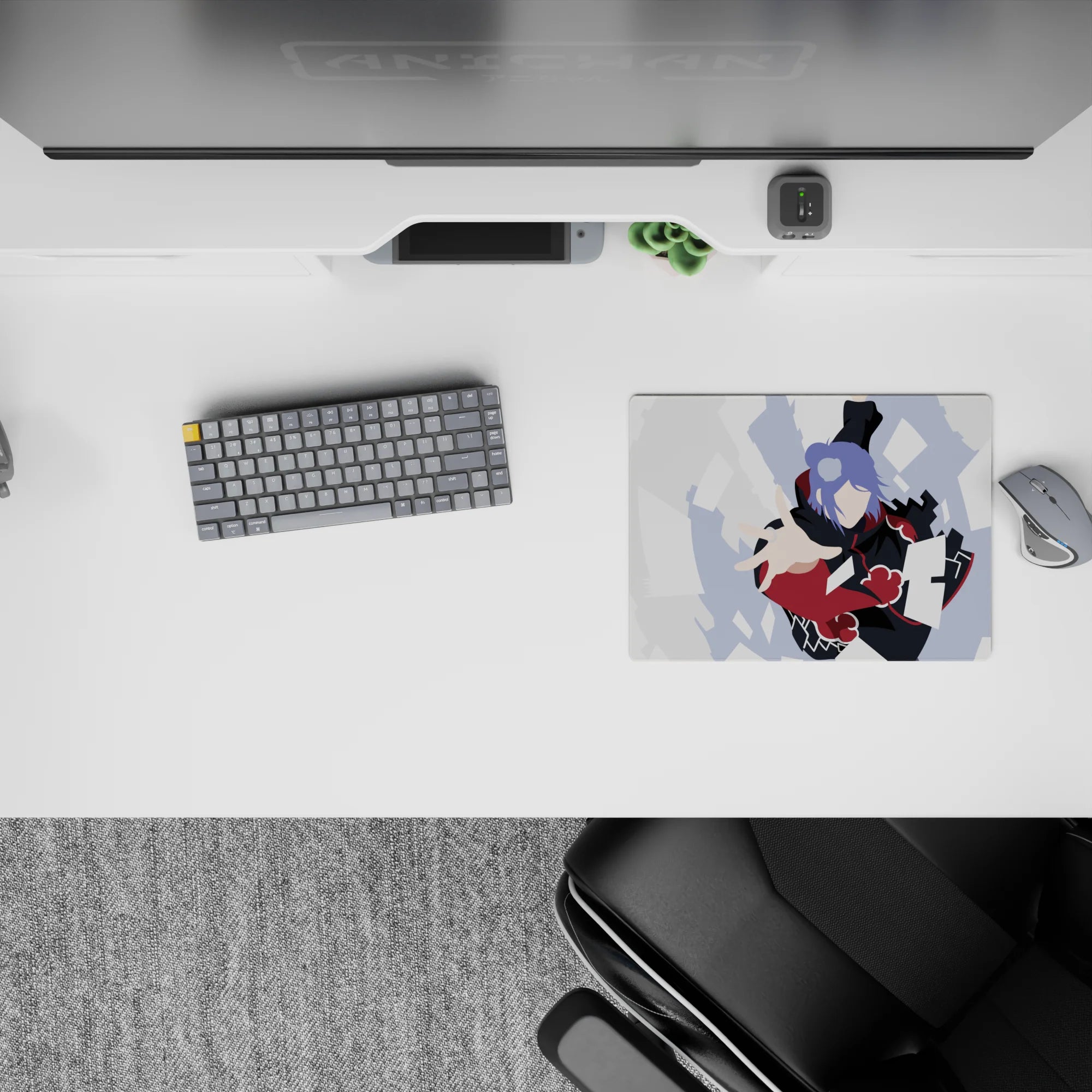 14x10 inches classic anime mouse pad in black and red with lavender hair, white paper, cool gray sky.
