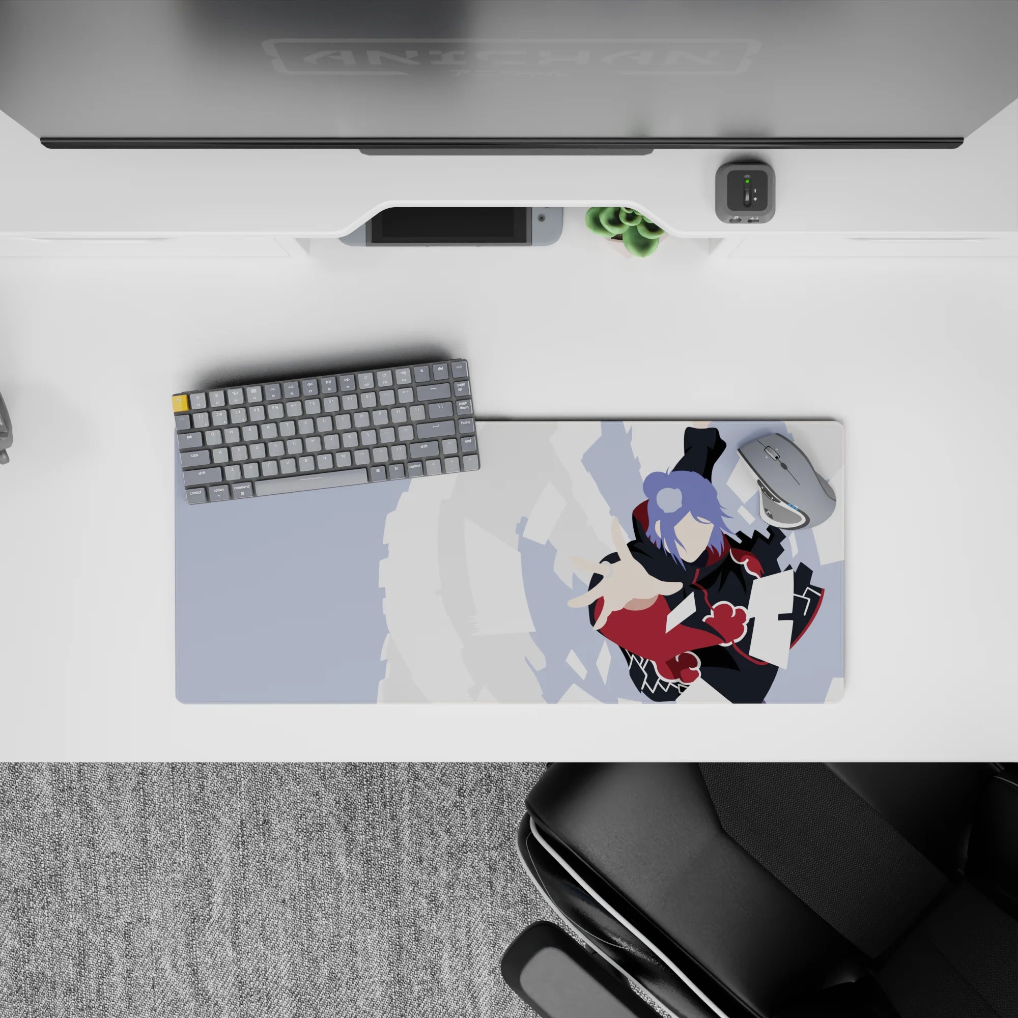 28x12 inches anime mouse pad in inky black and deep red with lavender hair and cool gray sky mood.