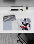 28x12 inches anime mouse pad in inky black and deep red with lavender hair and cool gray sky mood.
