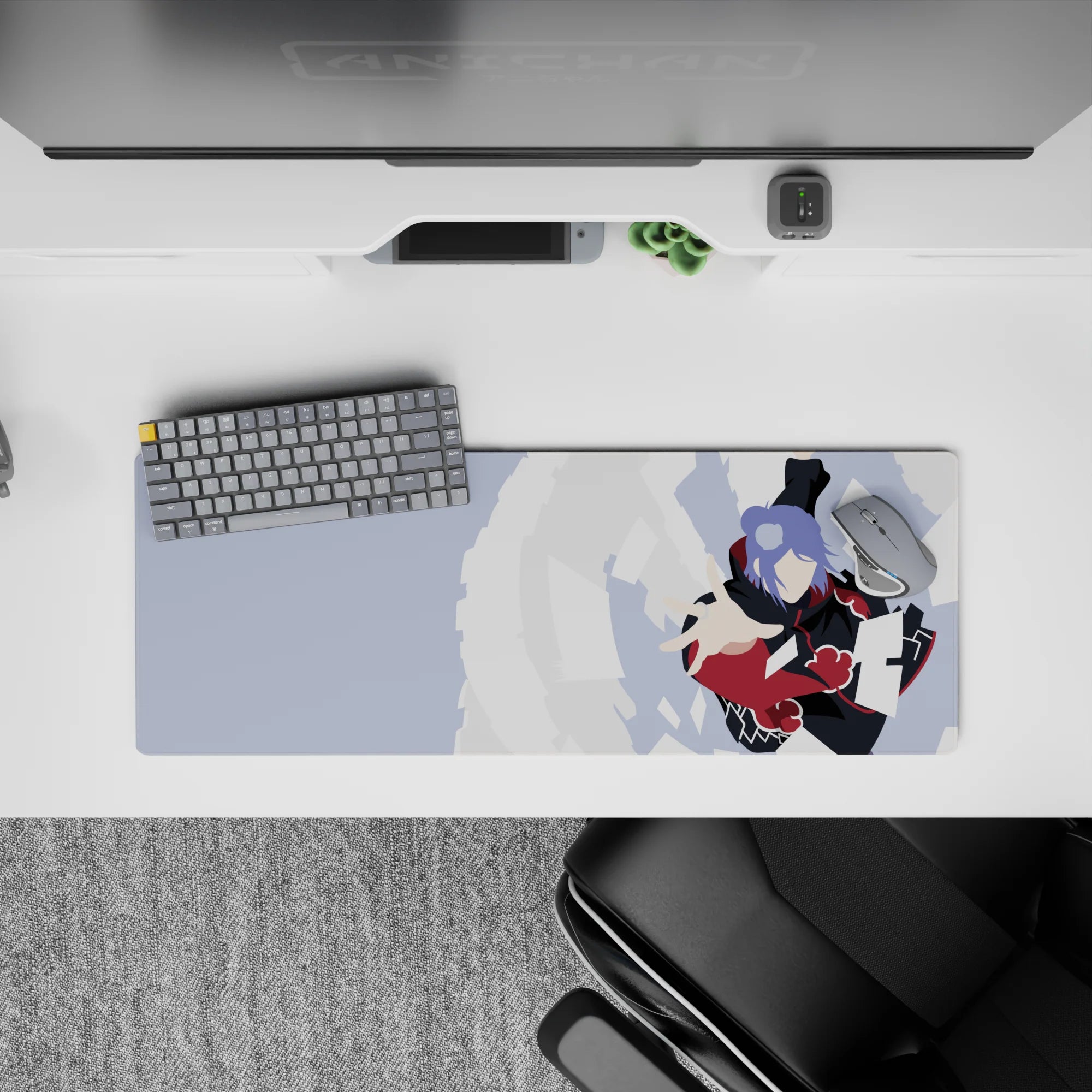 32x12 inches extended mouse pad in inky black and deep red clouds with lavender hair accents, calm yet intense.