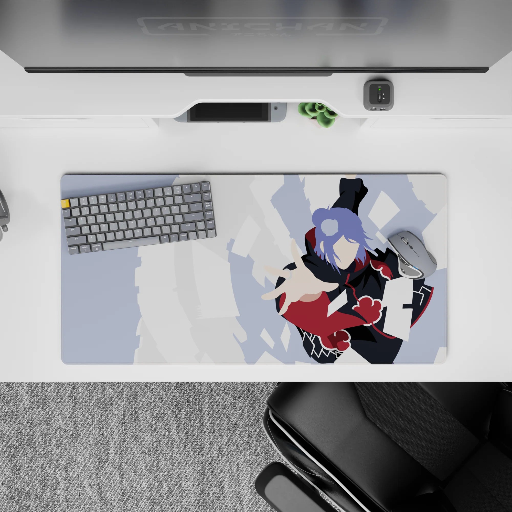 32x16 inches anime mouse pad in inky black and red with lavender hair and crisp white paper, intense.