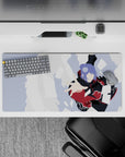 32x16 inches anime mouse pad in inky black and red with lavender hair and crisp white paper, intense.