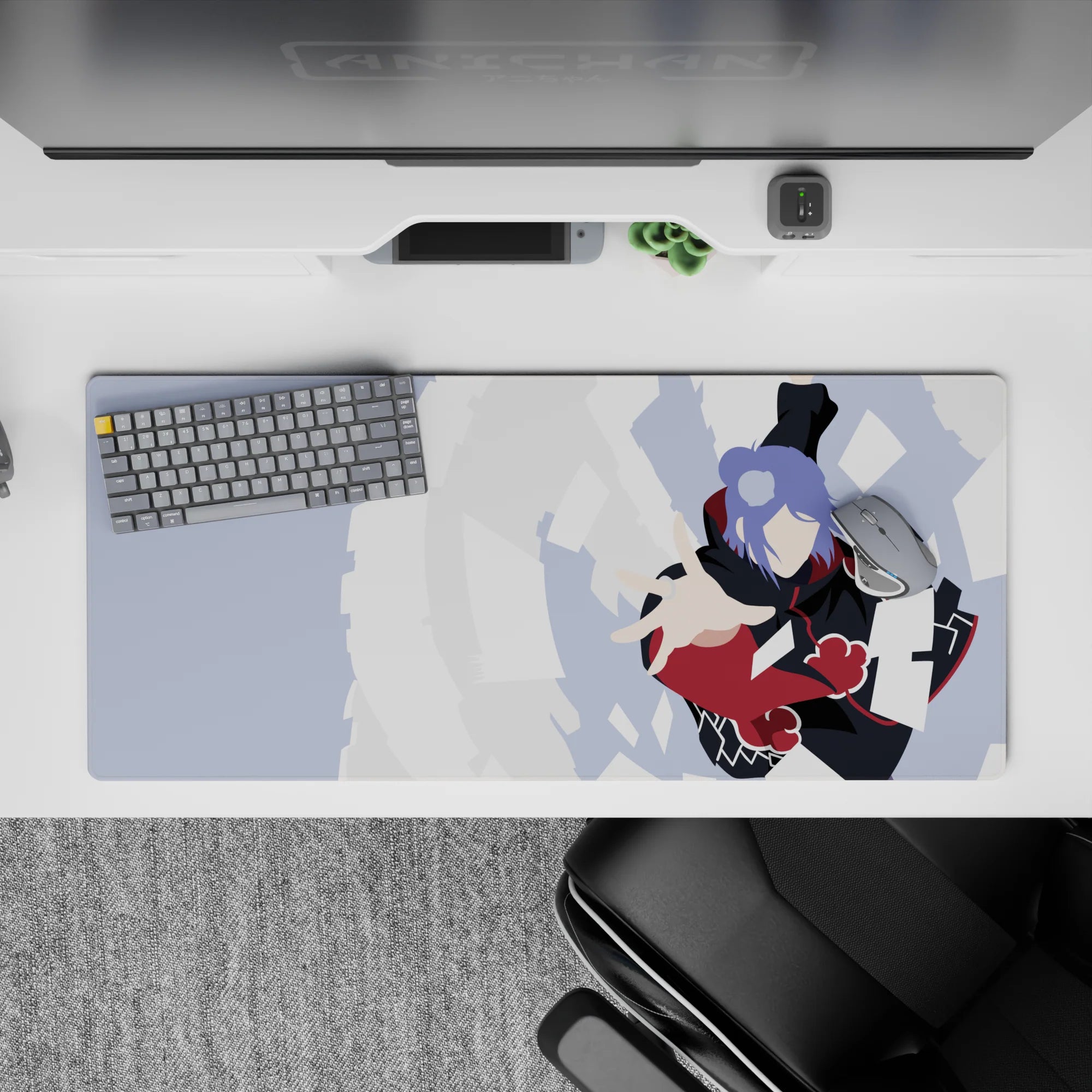 Cool gray sky desk mat 36x16 inches with lavender hair, inky black cloak and red clouds.