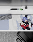 Cool gray sky desk mat 36x16 inches with lavender hair, inky black cloak and red clouds.