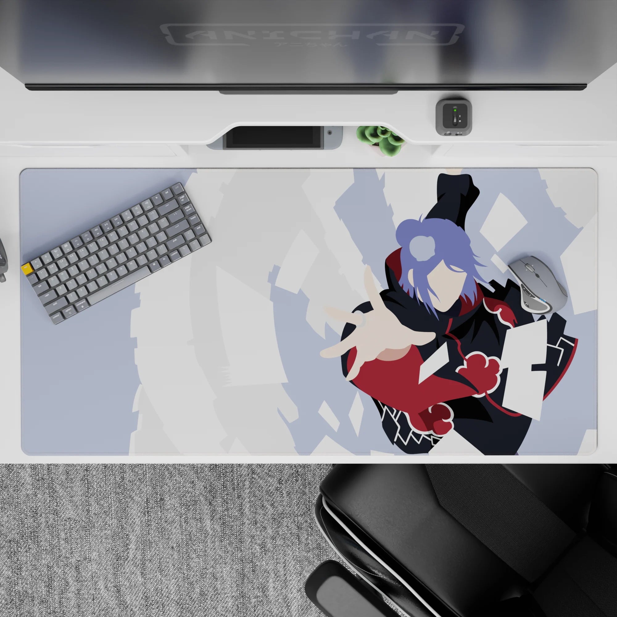 40x20 inches anime desk pad in inky black and deep red with lavender accents, cool gray, calm-to-intense vibe.