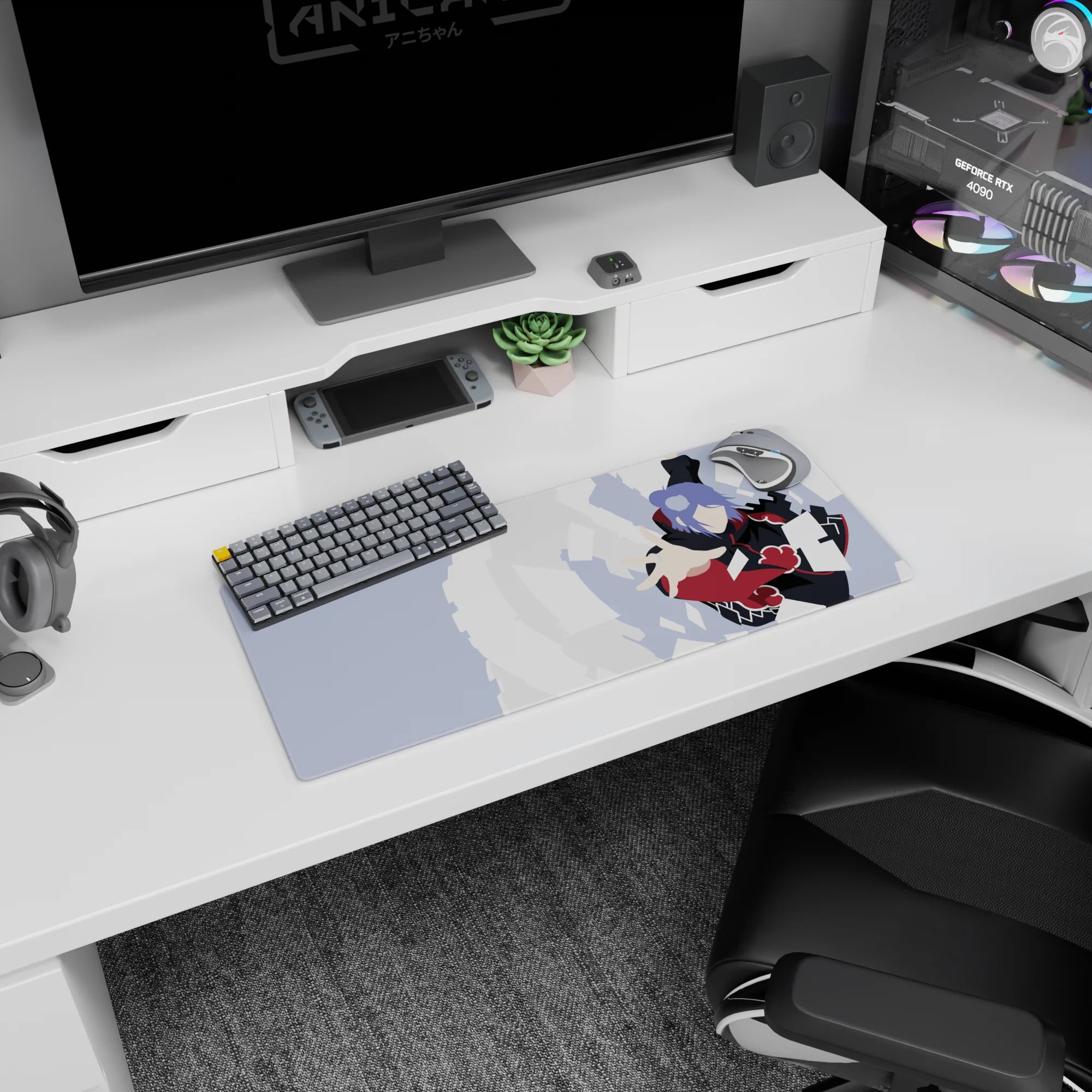 28x12 inches Konan Naruto Shippuden mouse pad, mid-spin in Akatsuki cloak tossing paper like confetti.