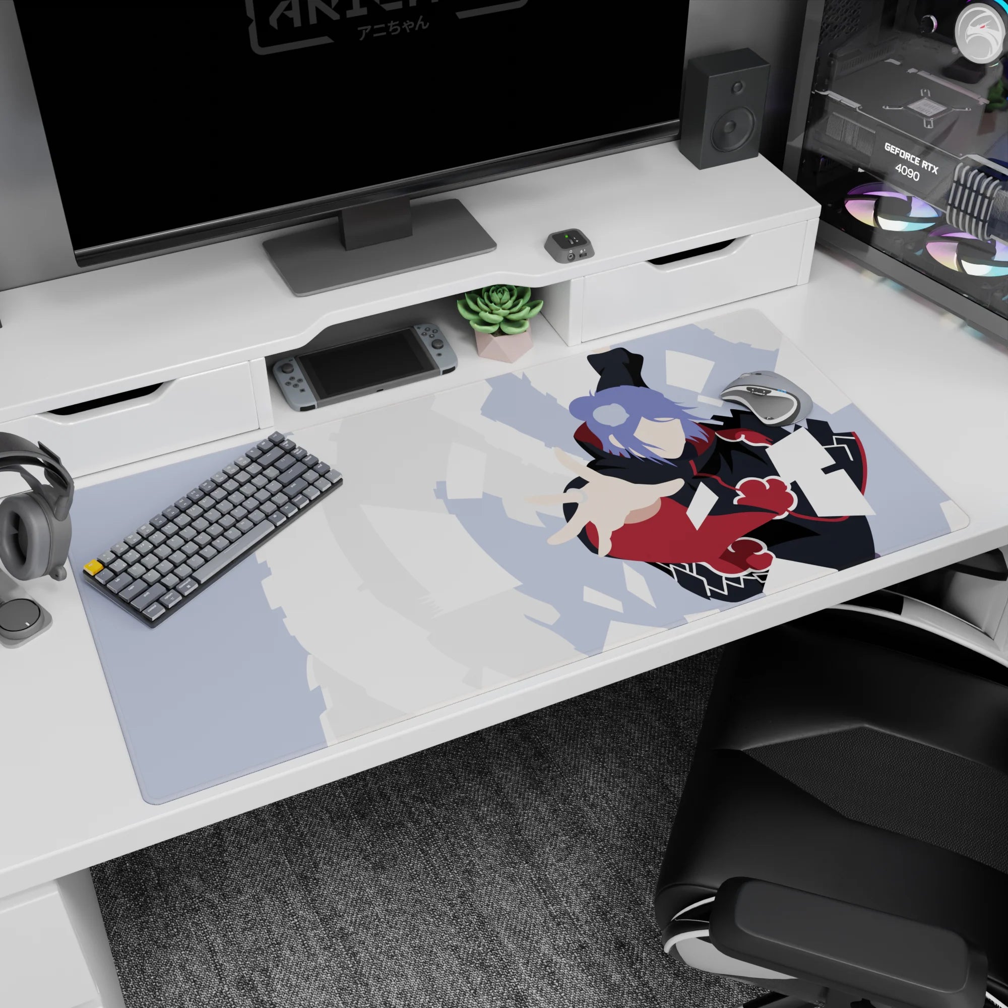 Konan from Naruto Shippuden spinning in an Akatsuki cloak, paper confetti attack on 40x20 inches desk pad.