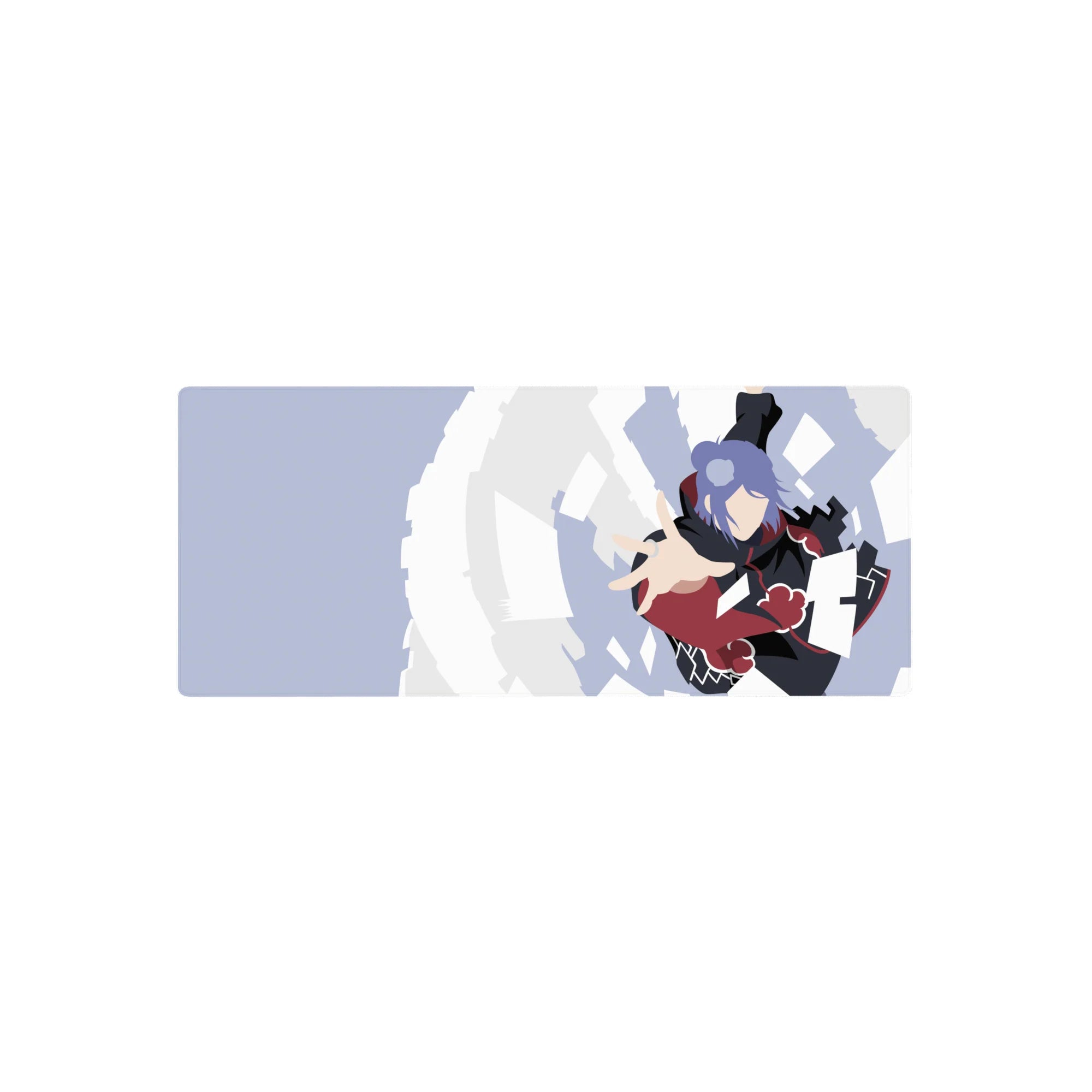 28x12 inches anime mouse pad featuring Akatsuki cloak ninja with flying paper shards and red cloud design.