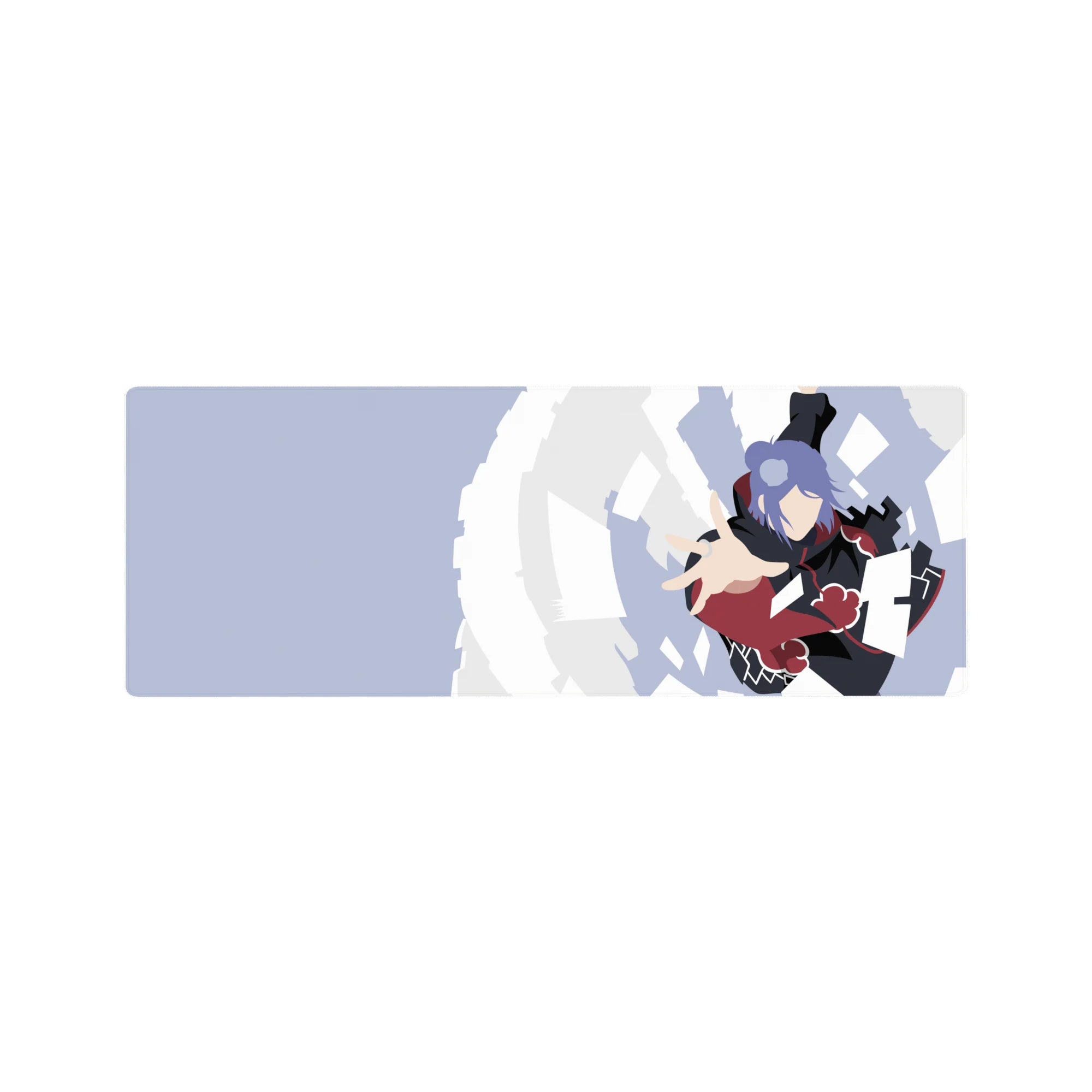 32x12 inches anime mouse pad with Konan in Akatsuki cloak, paper shards swirling across a cool gray sky.