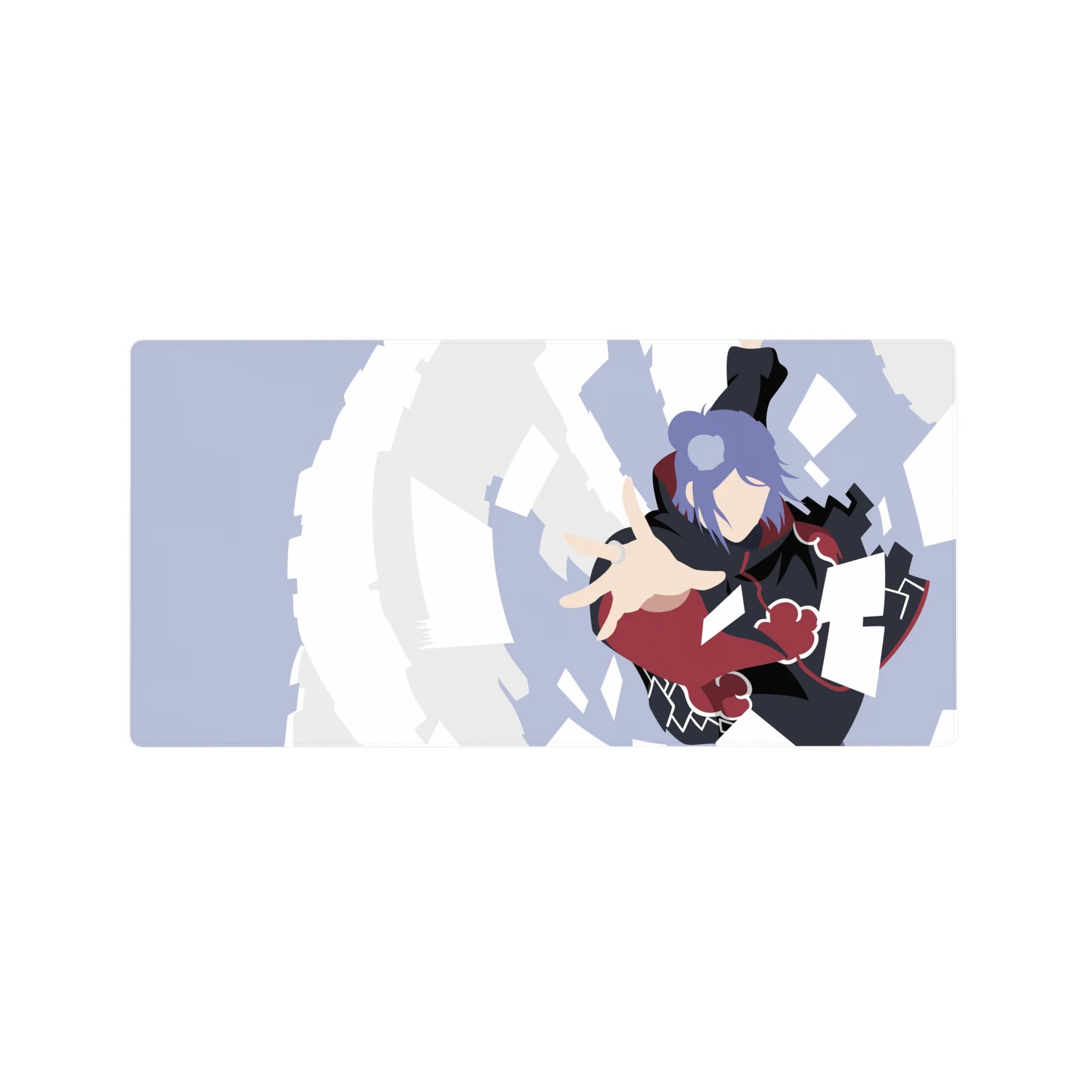 32x16 inches anime mouse pad with Akatsuki cloak spinner and flying paper shards over a gray sky.