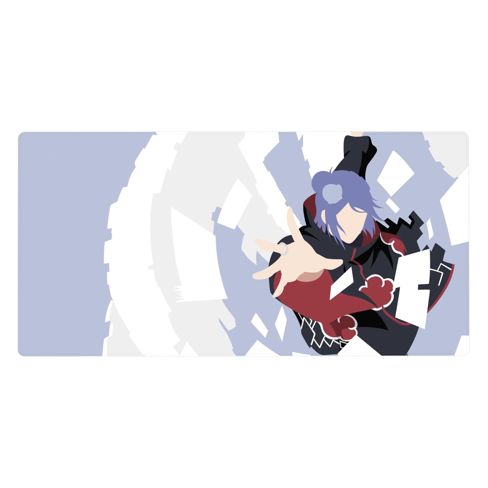 Anime desk pad 40x20 inches with Akatsuki cloak figure and flying paper shards on a gray sky backdrop.