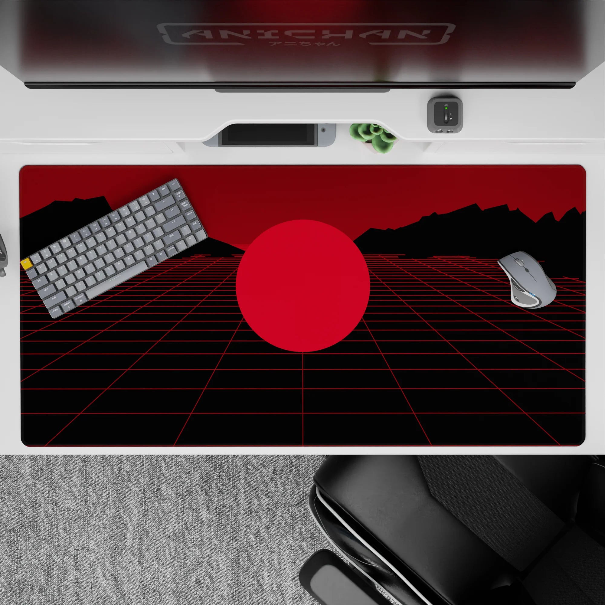 Retrowave-Vaporwave Deskmat | Mousepad | Deskpad - Crimson Grid Mirage - AniChan