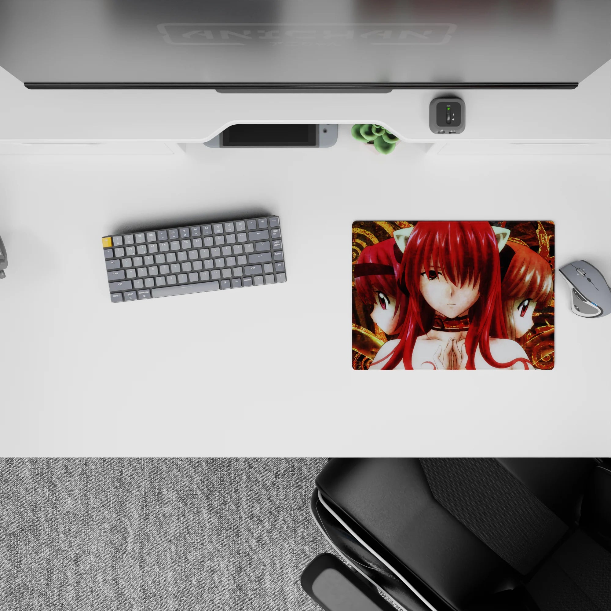 Mystic red-and-gold anime mouse pad 14x10 inches, smoky brown texture, glossy eyes, cozy vibe.