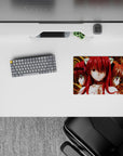 Mystic red-and-gold anime mouse pad 14x10 inches, smoky brown texture, glossy eyes, cozy vibe.