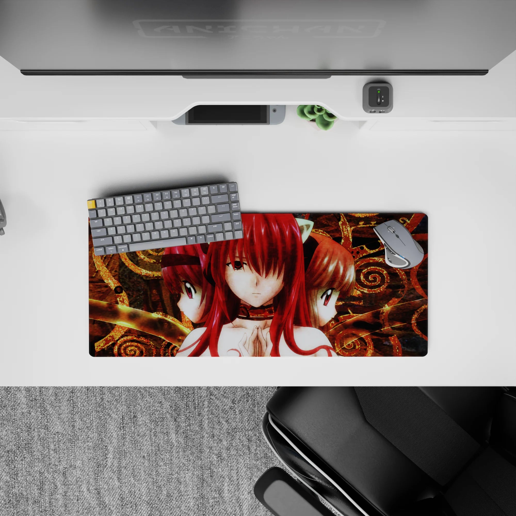 28x12 inches anime mouse pad in bold crimson and molten gold, smoky ink texture, mystic calm mood.