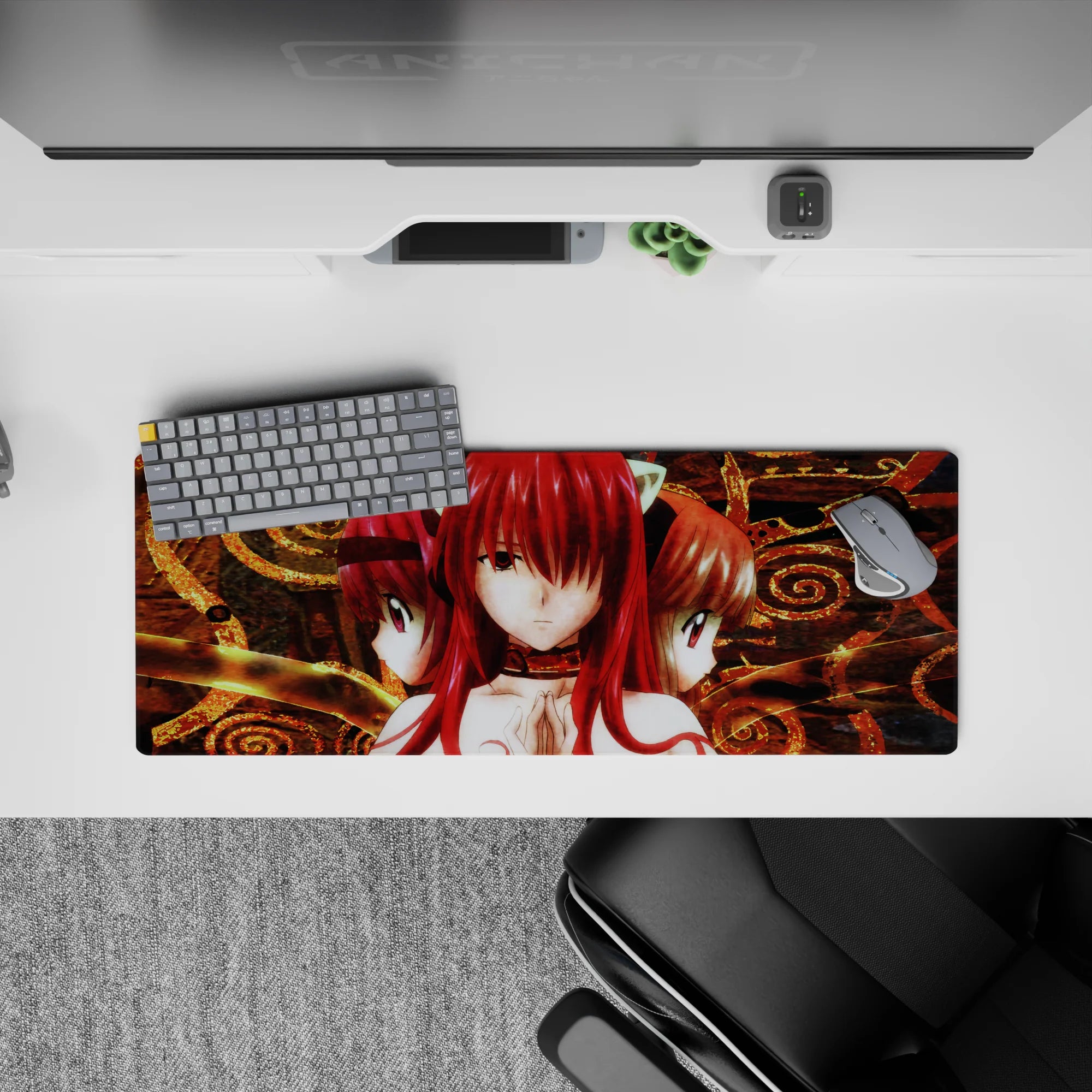 Mystic red and gold anime girl mouse pad 32x12 inches, smoky brown ink texture and glossy eyes.