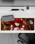 Mystic red and gold anime girl mouse pad 32x12 inches, smoky brown ink texture and glossy eyes.