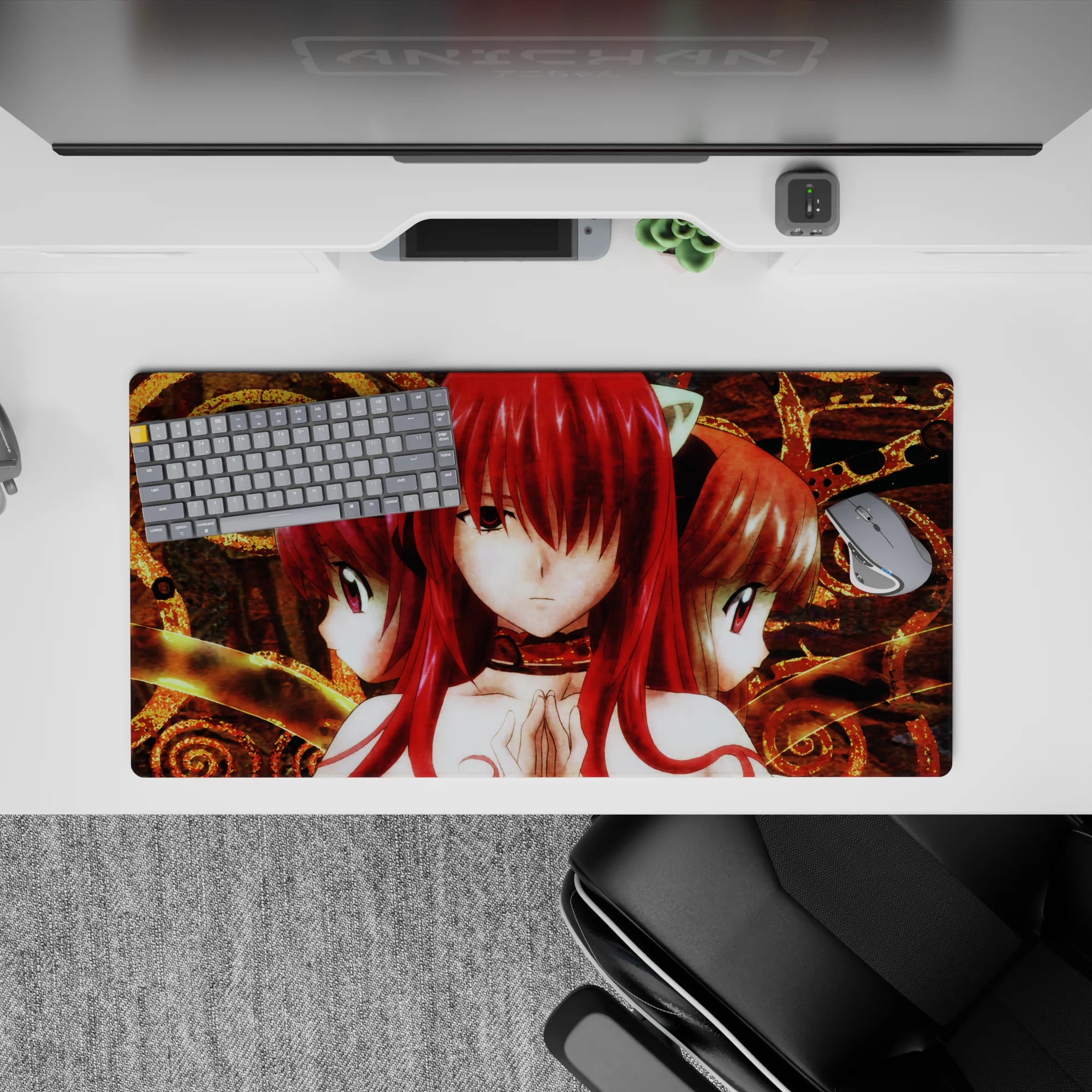 32x16 inches anime mouse pad in bold crimson, molten gold, and smoky brown for a cozy mystic mood.