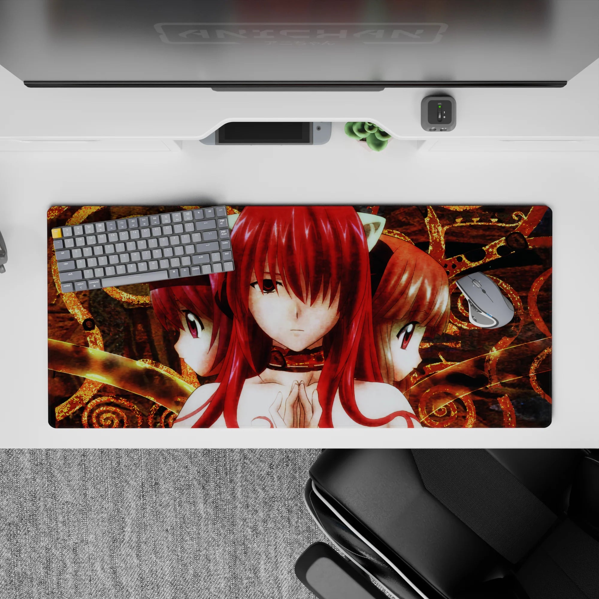 36x16 inches anime desk pad in bold crimson and molten gold, smoky brown texture, calm mystic vibe.
