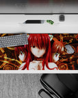 36x16 inches anime desk pad in bold crimson and molten gold, smoky brown texture, calm mystic vibe.