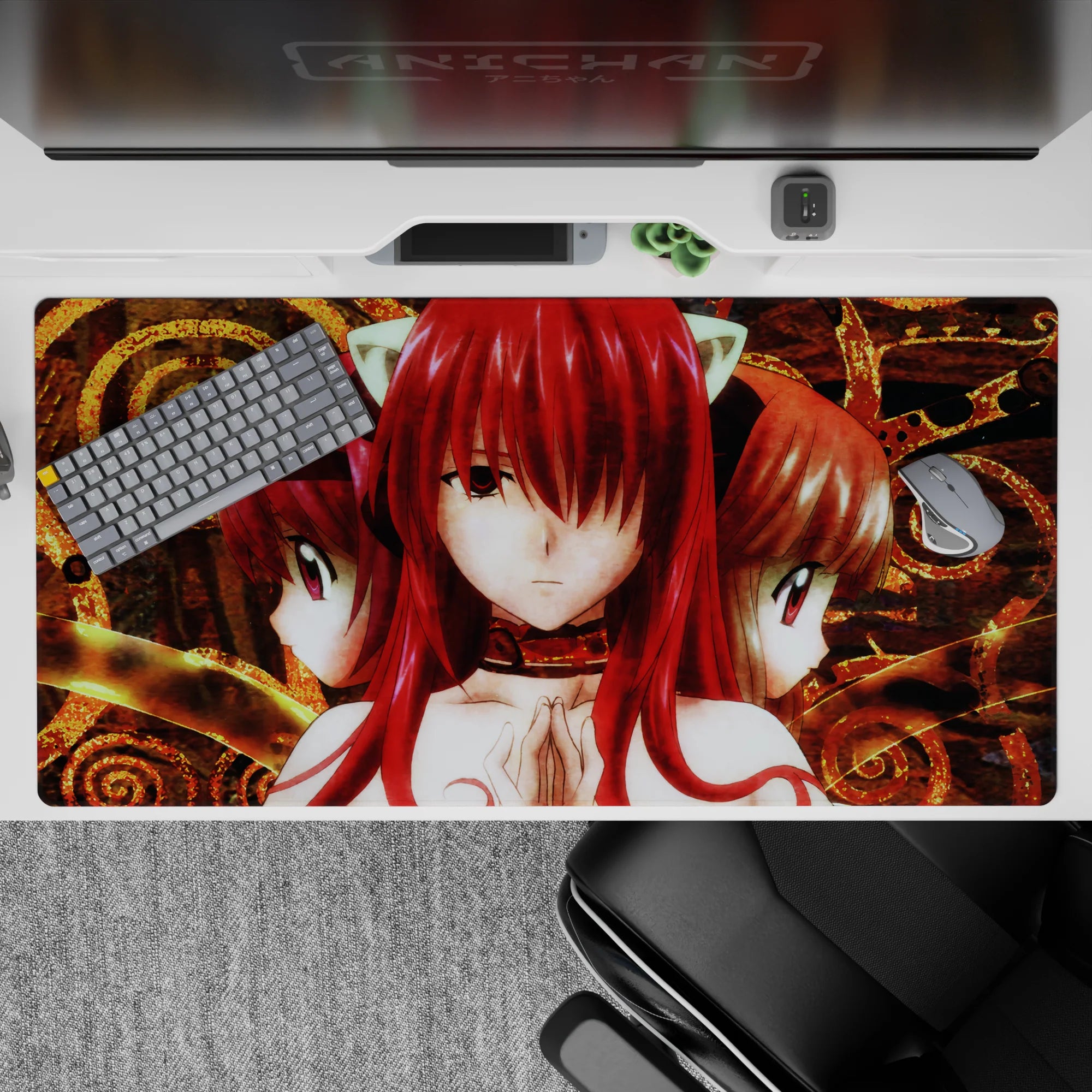 40x20 inches anime desk pad in bold crimson and molten gold, smoky brown ink texture, mystic calm vibe.