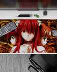 40x20 inches anime desk pad in bold crimson and molten gold, smoky brown ink texture, mystic calm vibe.
