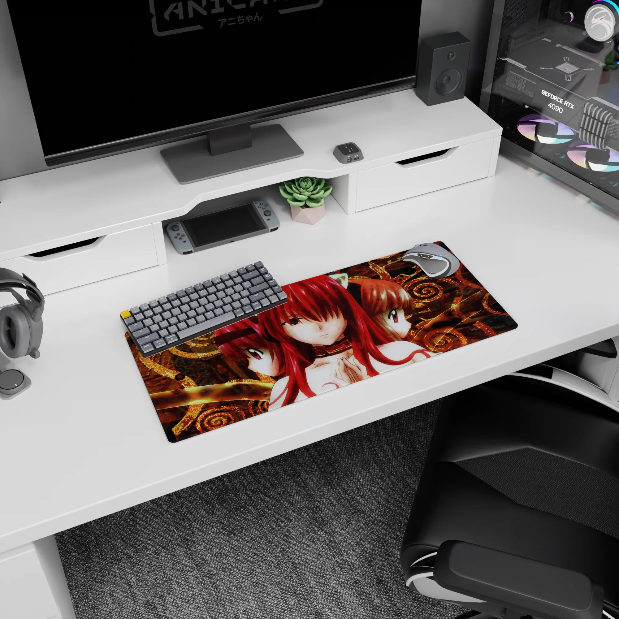 28x12 inches anime girl mouse pad showing a quiet trio of glossy-eyed red-haired catgirls facing forward.