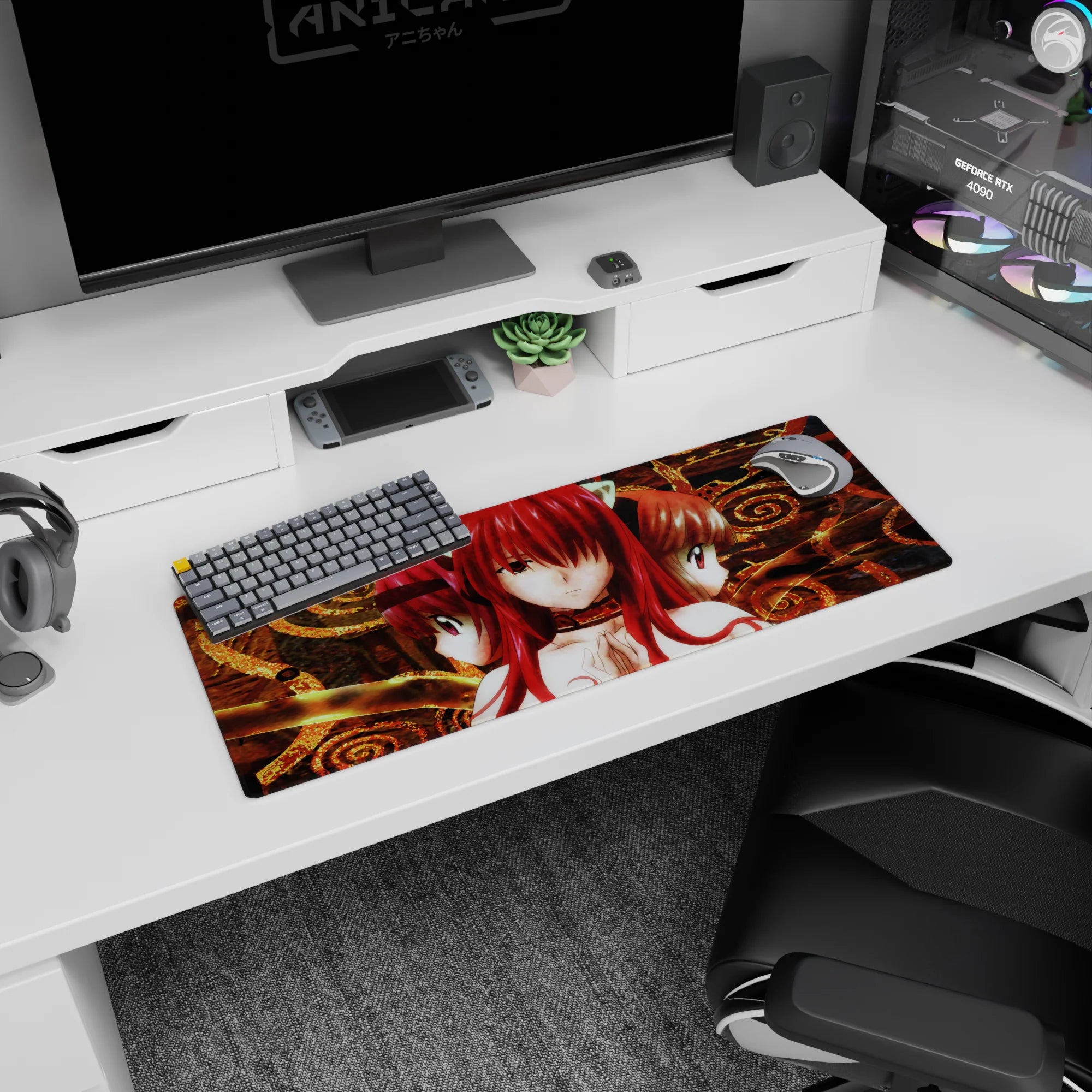 Three cat-eared redheads in a quiet trio on an anime girl mouse pad 32x12 inches, staring forward.