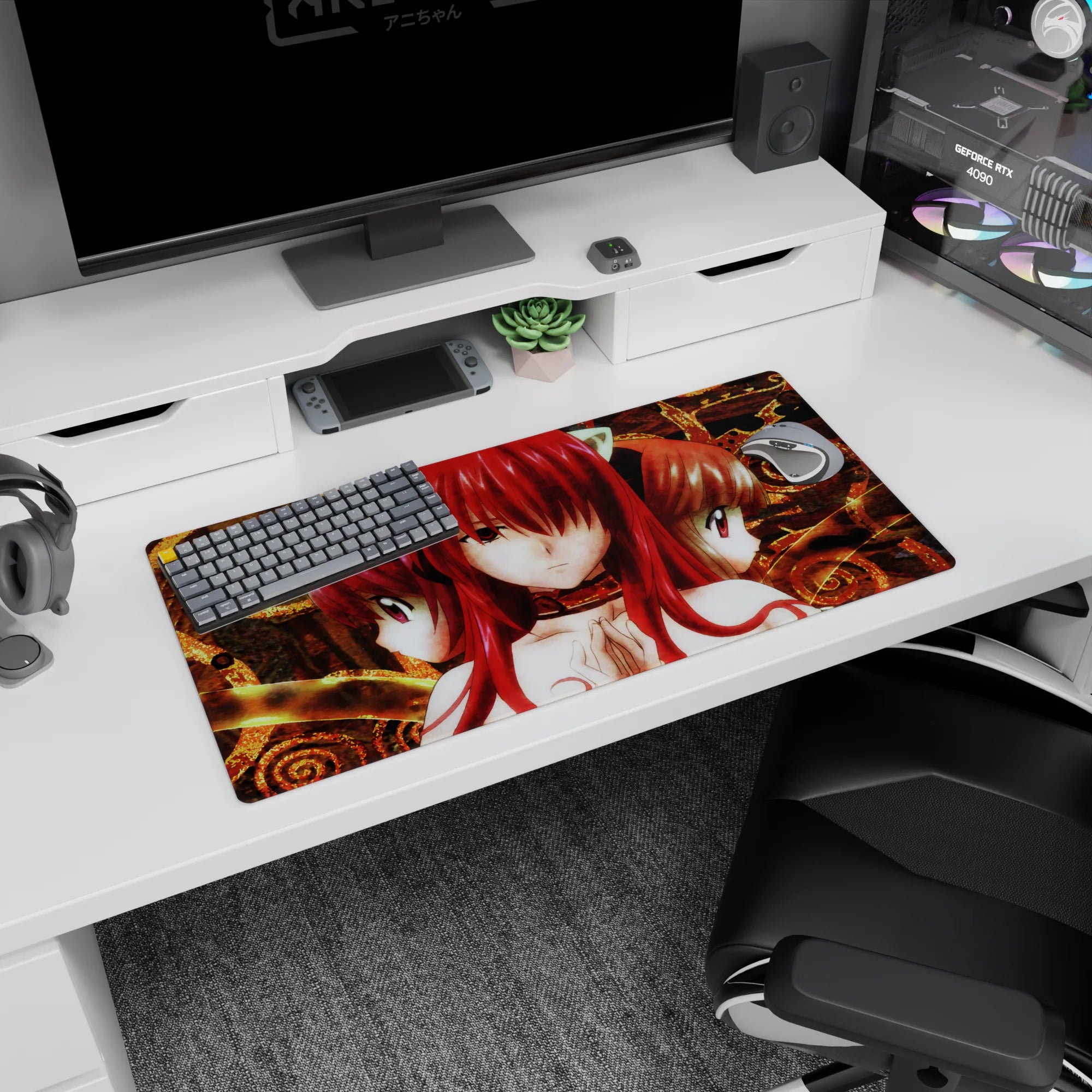 32x16 inches desk mouse pad showing a trio of glossy-eyed red-haired catgirls staring forward in silence.