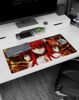 32x16 inches desk mouse pad showing a trio of glossy-eyed red-haired catgirls staring forward in silence.