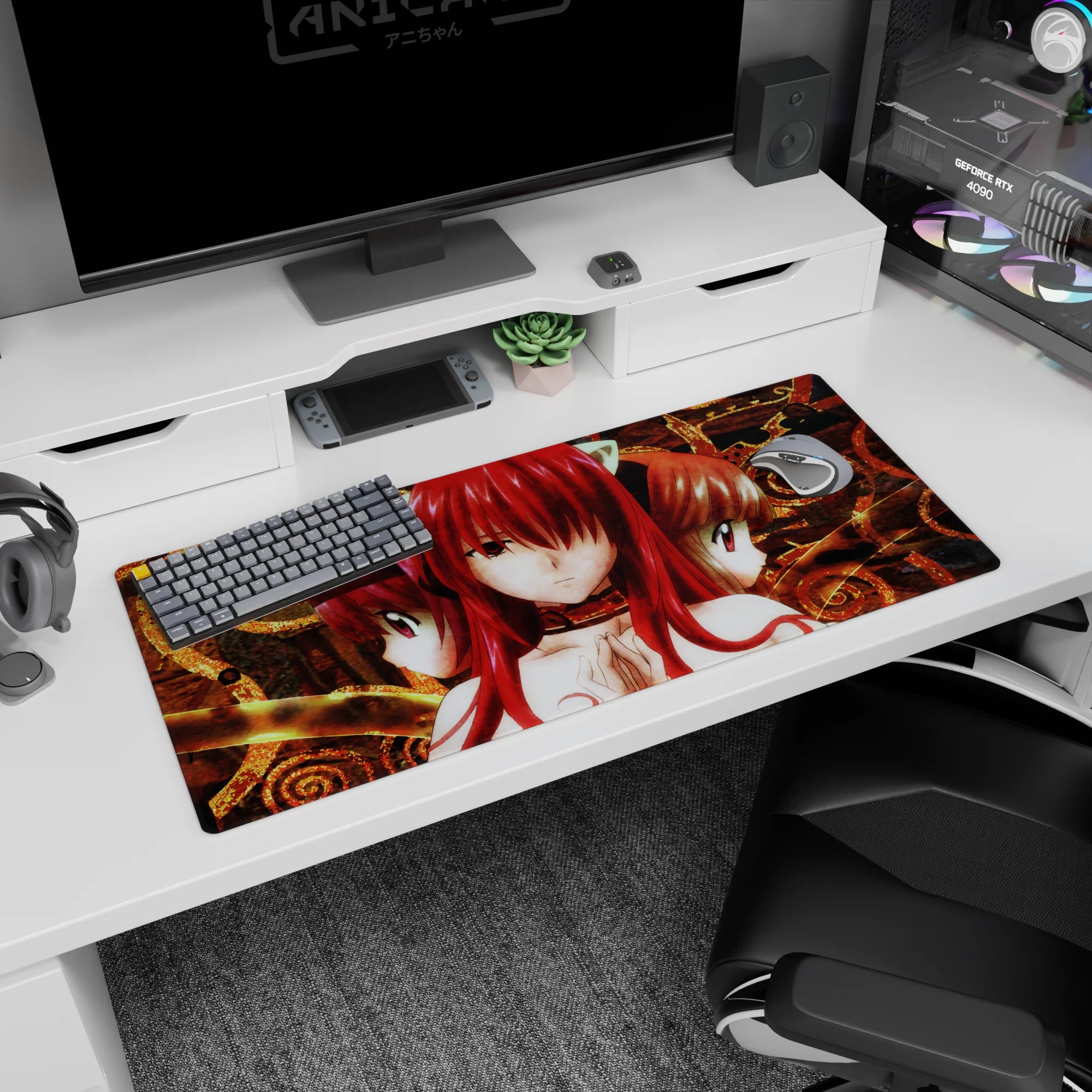 36x16 inches desk pad showing a trio of glossy-eyed redhead catgirls staring forward in quiet tension.