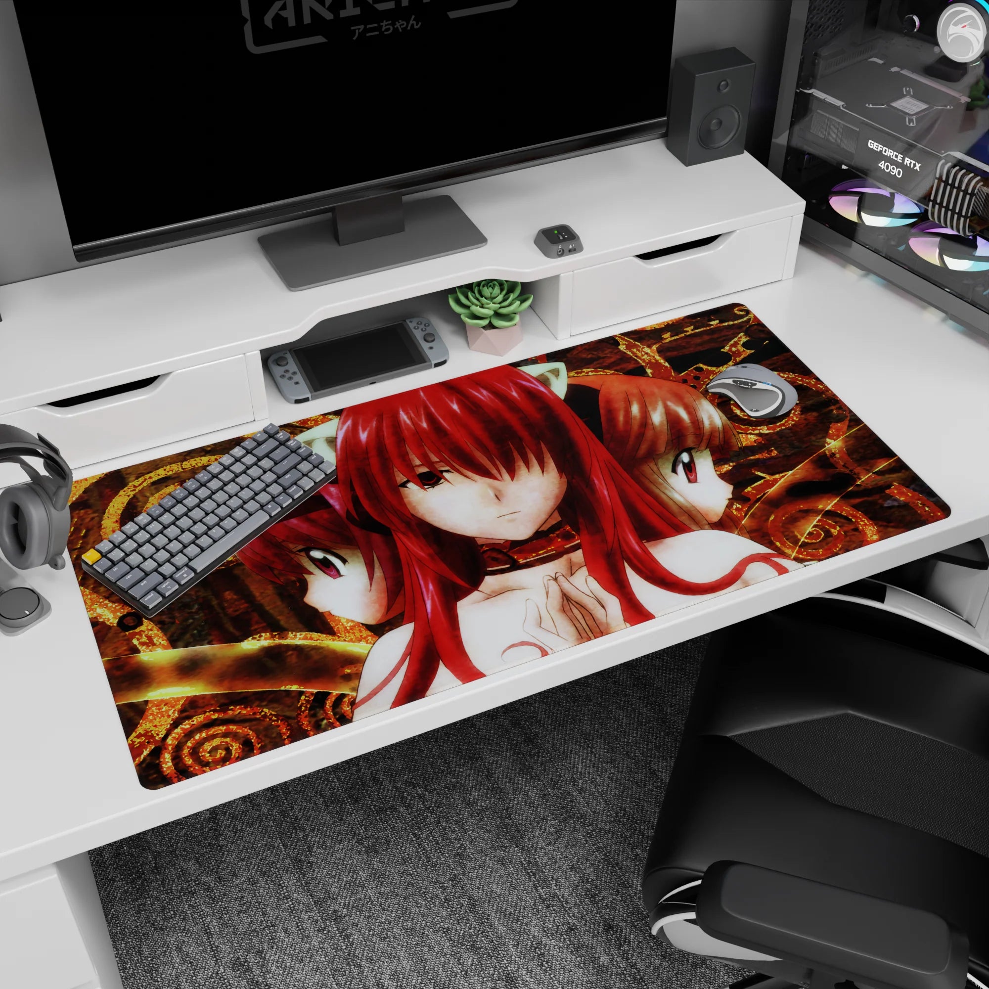 40x20 inches desk pad showing a quiet trio of glossy-eyed red-haired catgirls staring forward in unison.