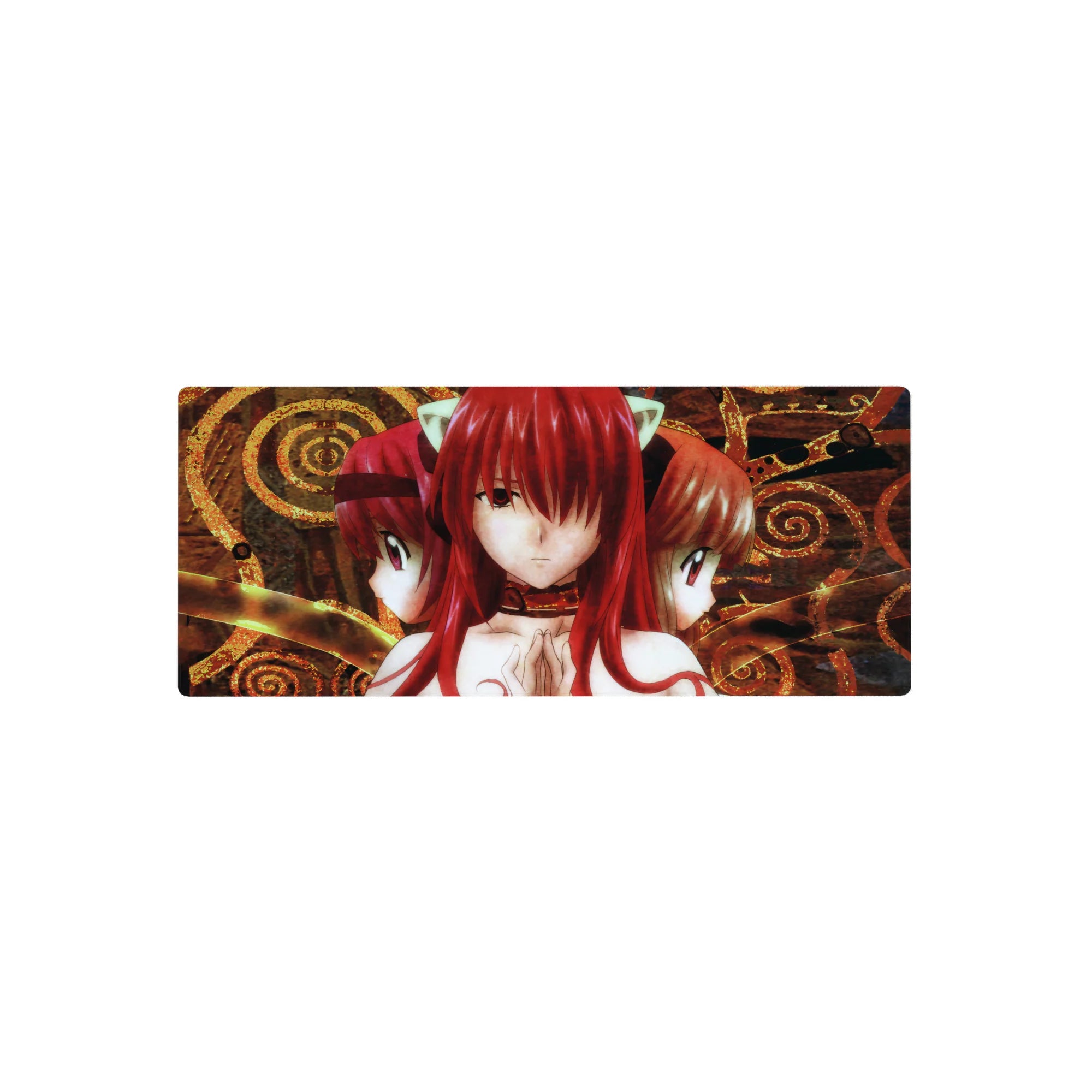 28x12 inches anime girl mouse pad with three red-haired cat-eared girls and ornate gold spirals.