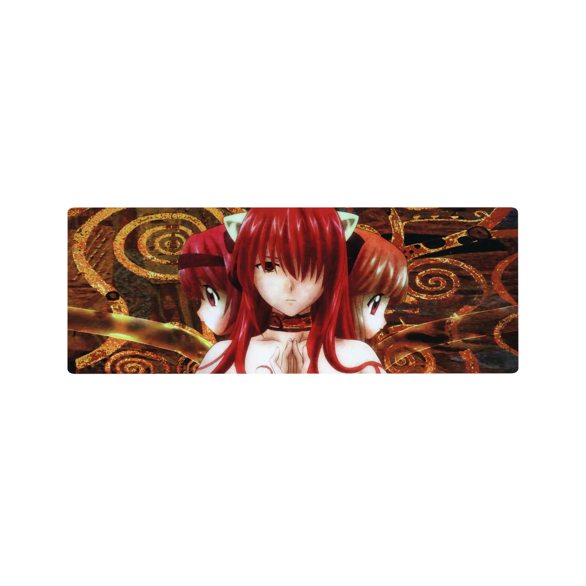 Anime girl mouse pad 32x12 inches with three red-haired cat-eared girls and ornate gold spiral frame.