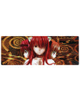 Anime girl mouse pad 32x12 inches with three red-haired cat-eared girls and ornate gold spiral frame.