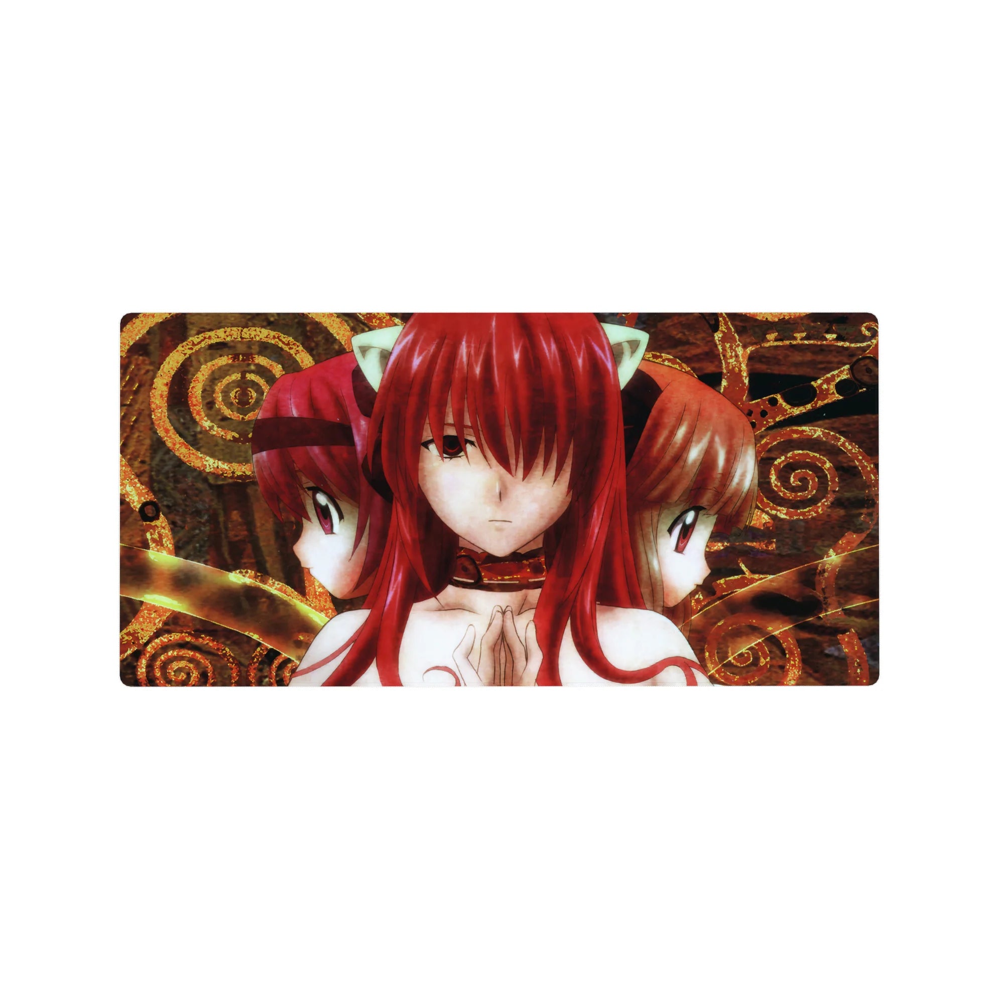 32x16 inches anime girl mouse pad with three red-haired cat-eared girls and ornate golden spiral frame.