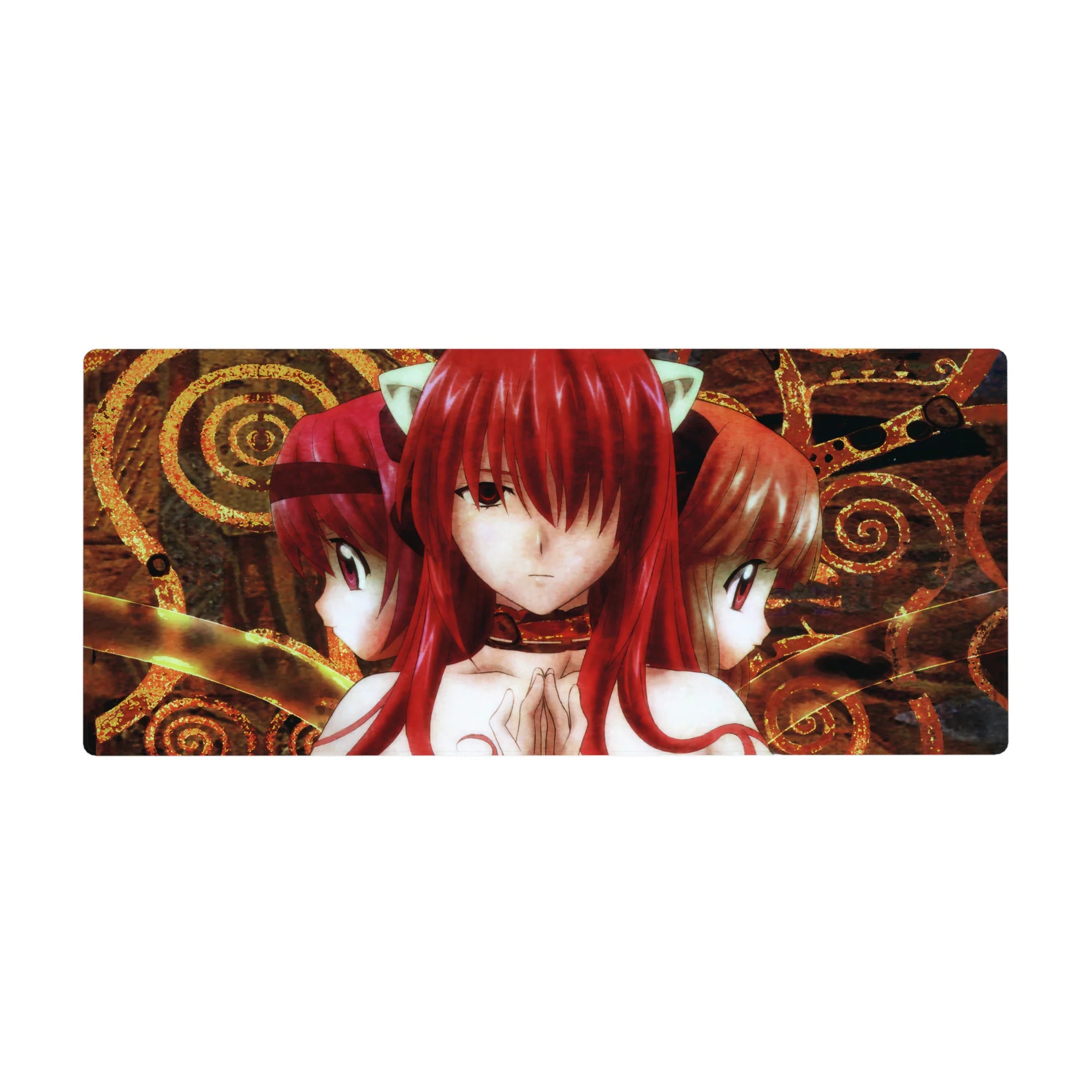 36x16 inches anime girl desk pad with three red-haired cat-eared girls and ornate gold spiral frame.