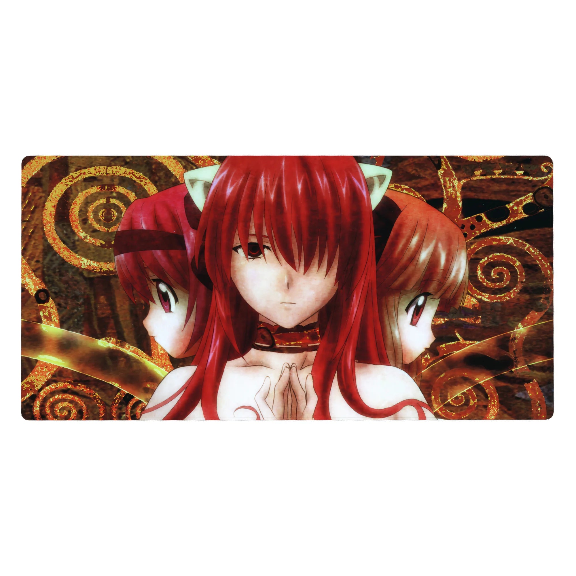 40x20 inches anime girl desk pad with three red-haired cat-eared girls and ornate golden spiral frame.