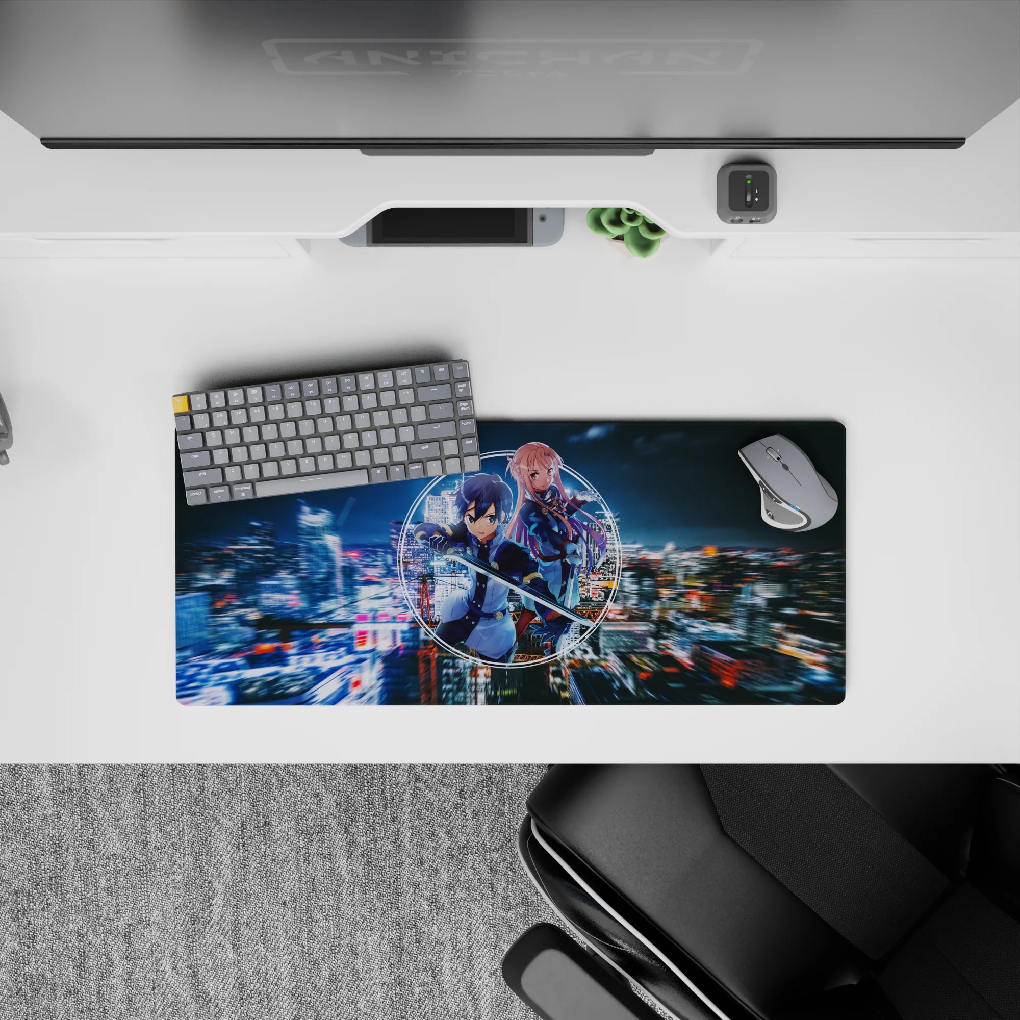 Anime mouse pad 28x12 inches featuring Kirito and Asuna with neon and indigo tones against a cyber-city background.