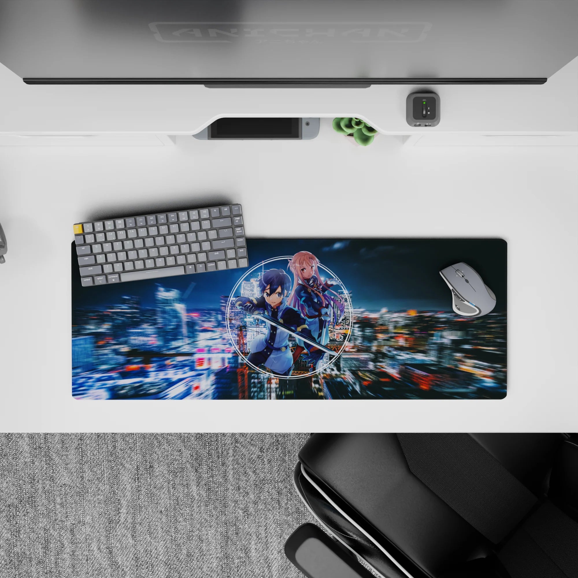Anime mouse pad 32x12 inches with Kirito and Asuna, features neon and indigo tones, cyber-city background.
