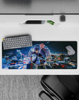Anime mouse pad 32x12 inches with Kirito and Asuna, features neon and indigo tones, cyber-city background.